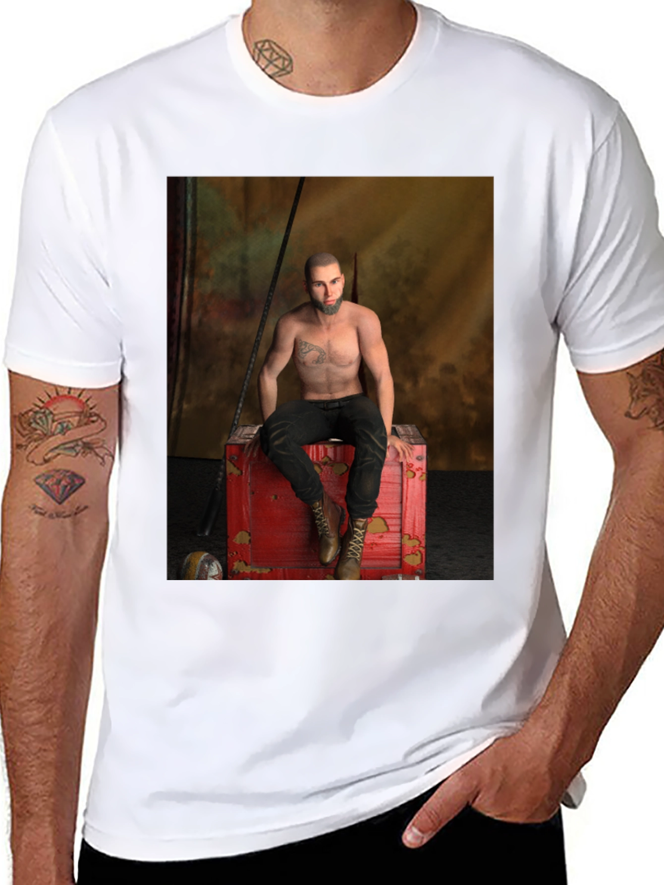 Black Men's Black Graphic T-Shirt - Tattoo Chest Man on Red Box view 8