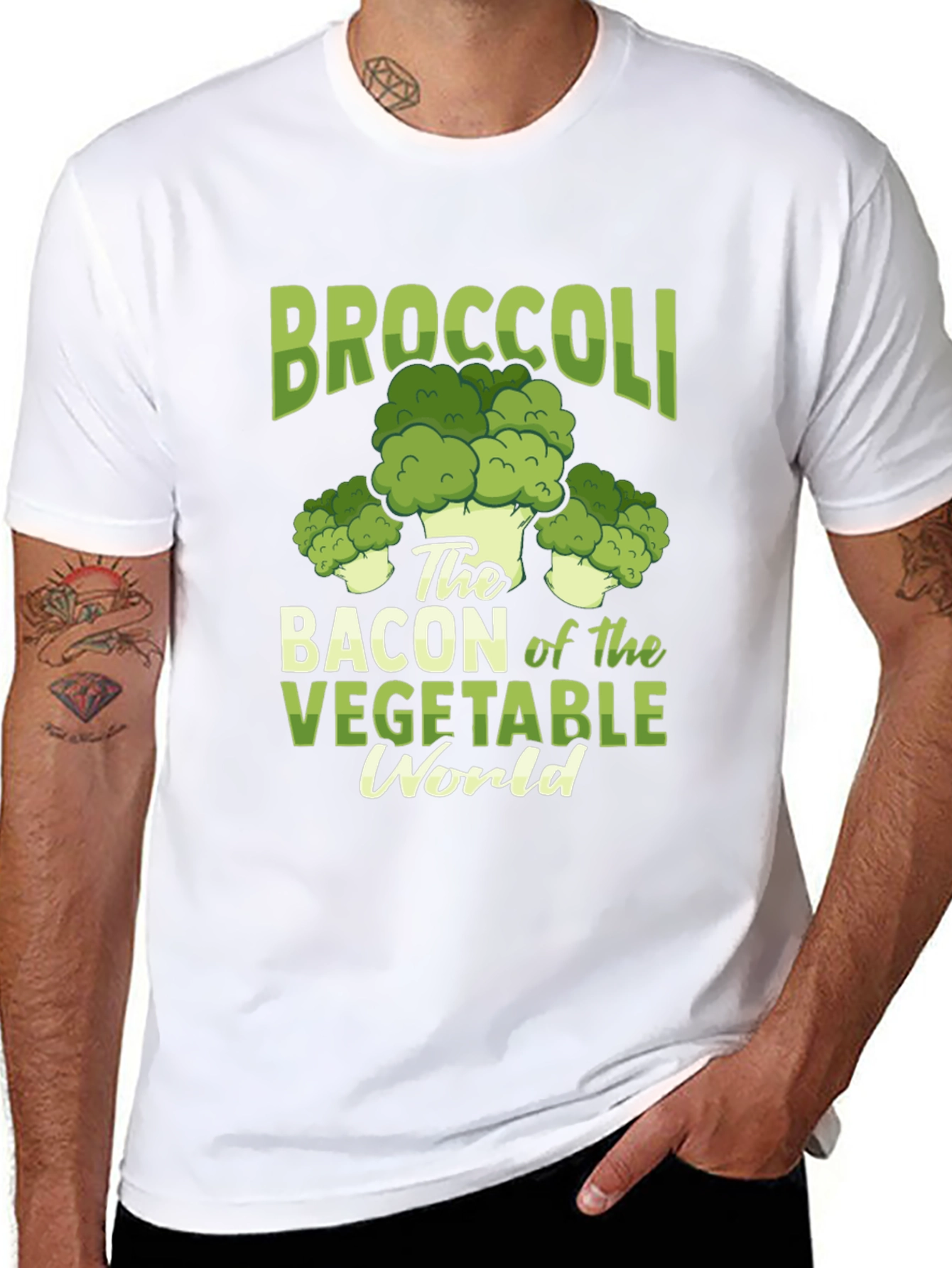 Black Broccoli Bacon Vegetable World Graphic Tee view 8