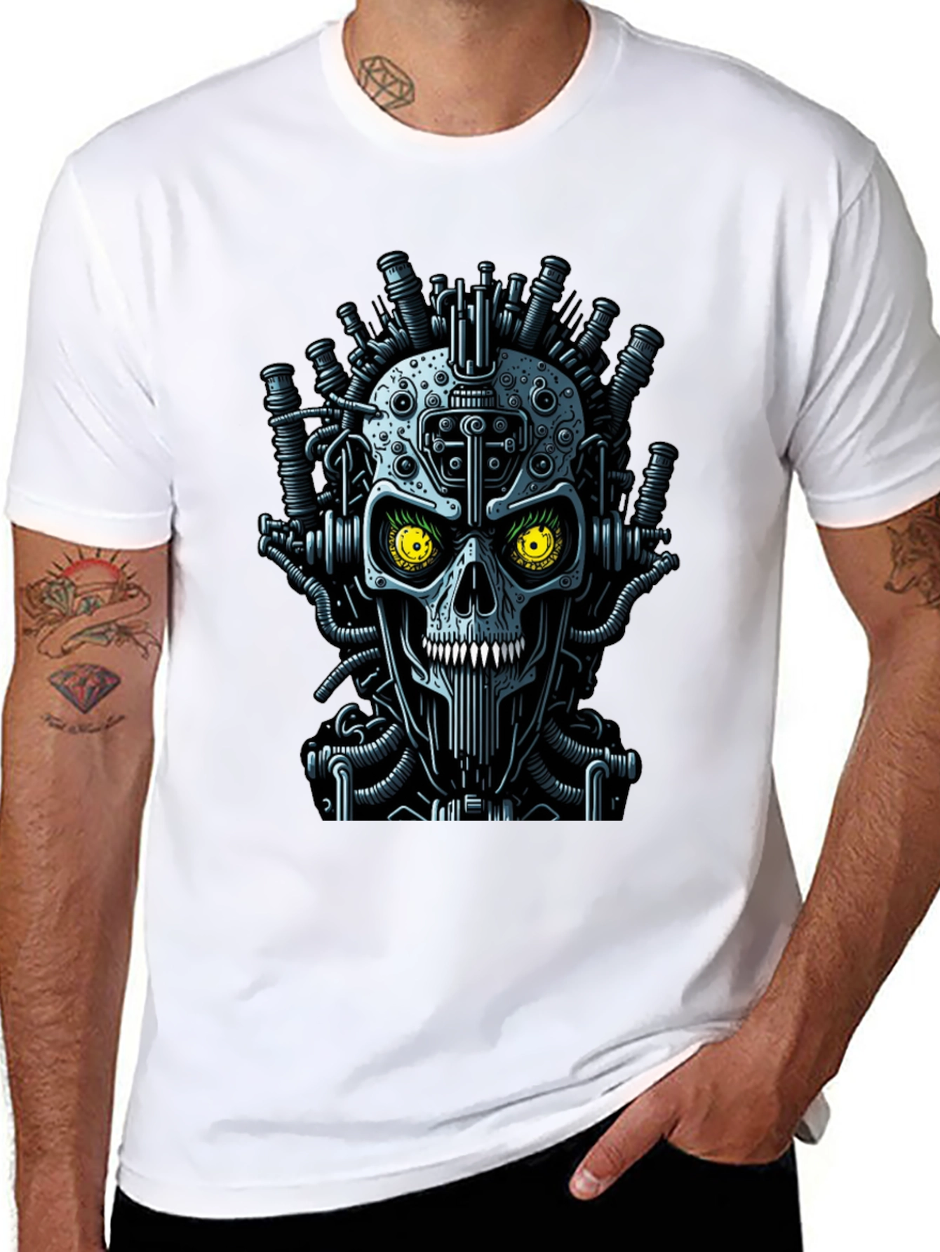 Black Steampunk Skull Graphic T-Shirt - Men's Crew Neck view 8