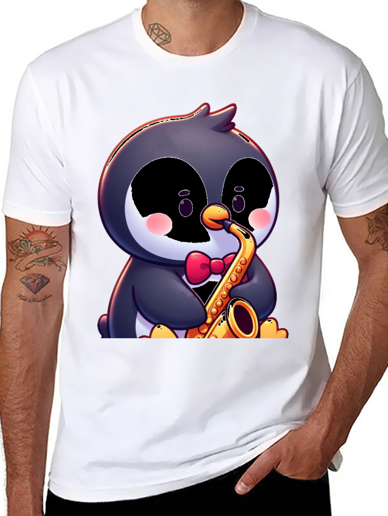 Black Penguin Saxophone T-Shirt - Fun Cartoon Design view 8