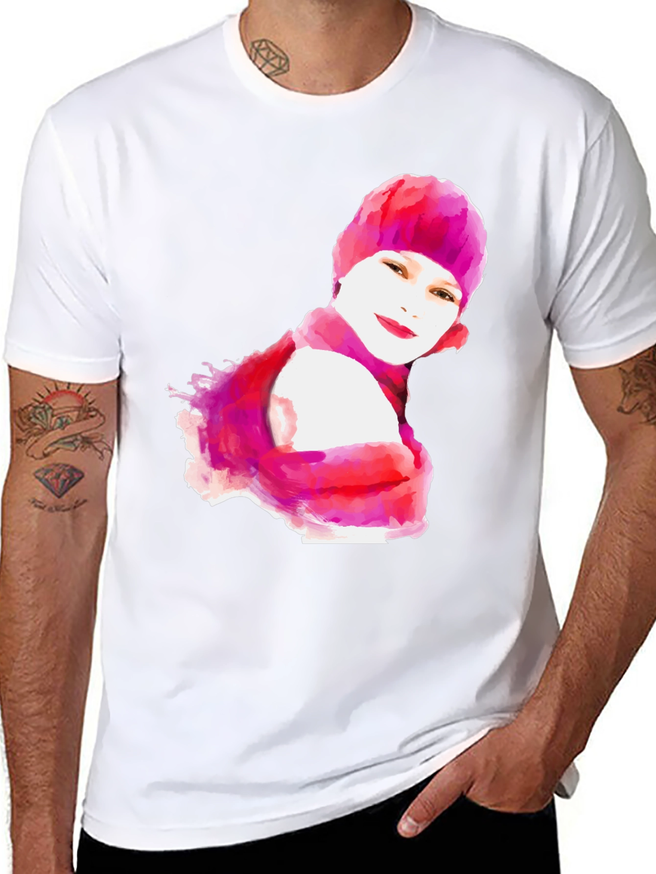 Watercolor Woman's Portrait Black T-Shirt - 8