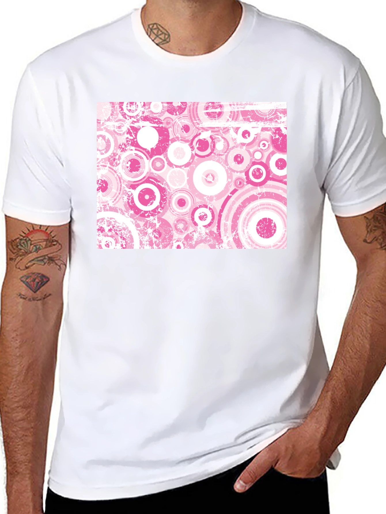 Black Retro Pink Circle Pattern Black T-Shirt view 8
