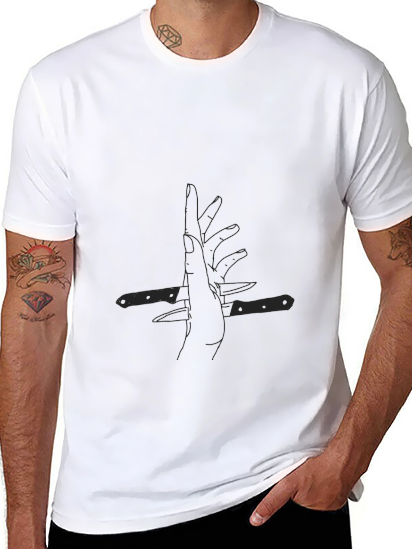 Black Abstract Hand & Knife Graphic Black Tee view 8