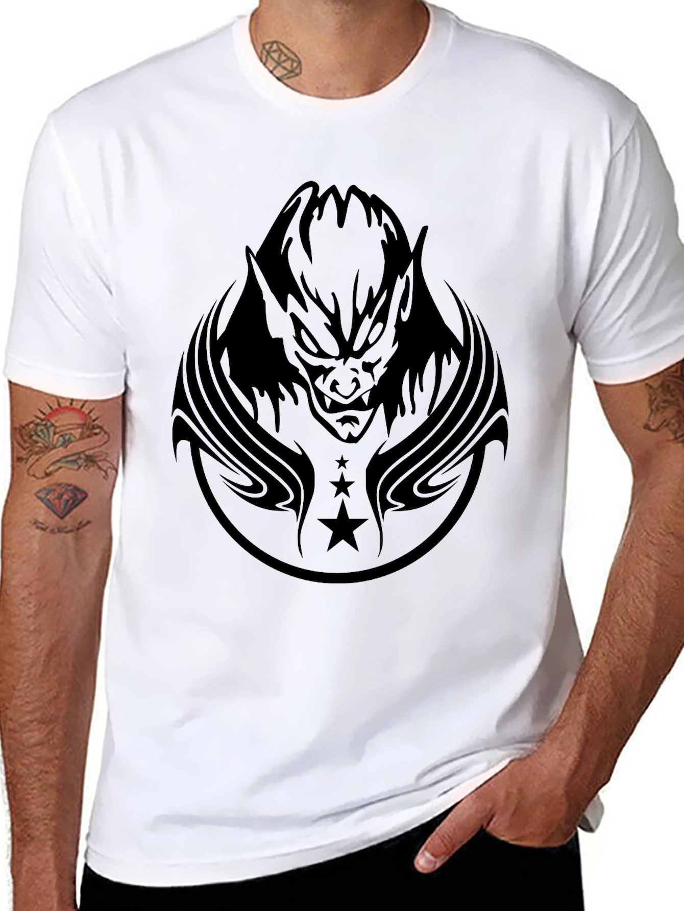 Black Men's Black Graphic Tee - Demon & Stars view 8
