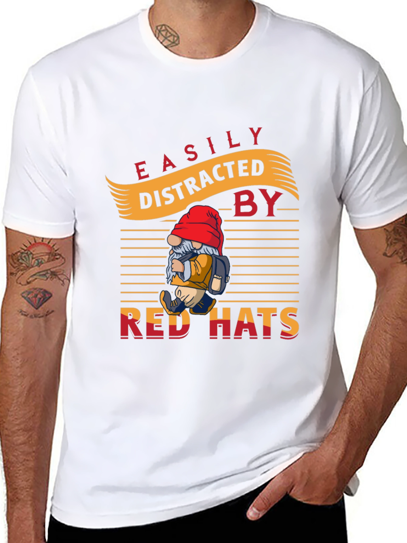Black Easily Distracted by Red Hats T-Shirt - Novelty Gnome Design view 8