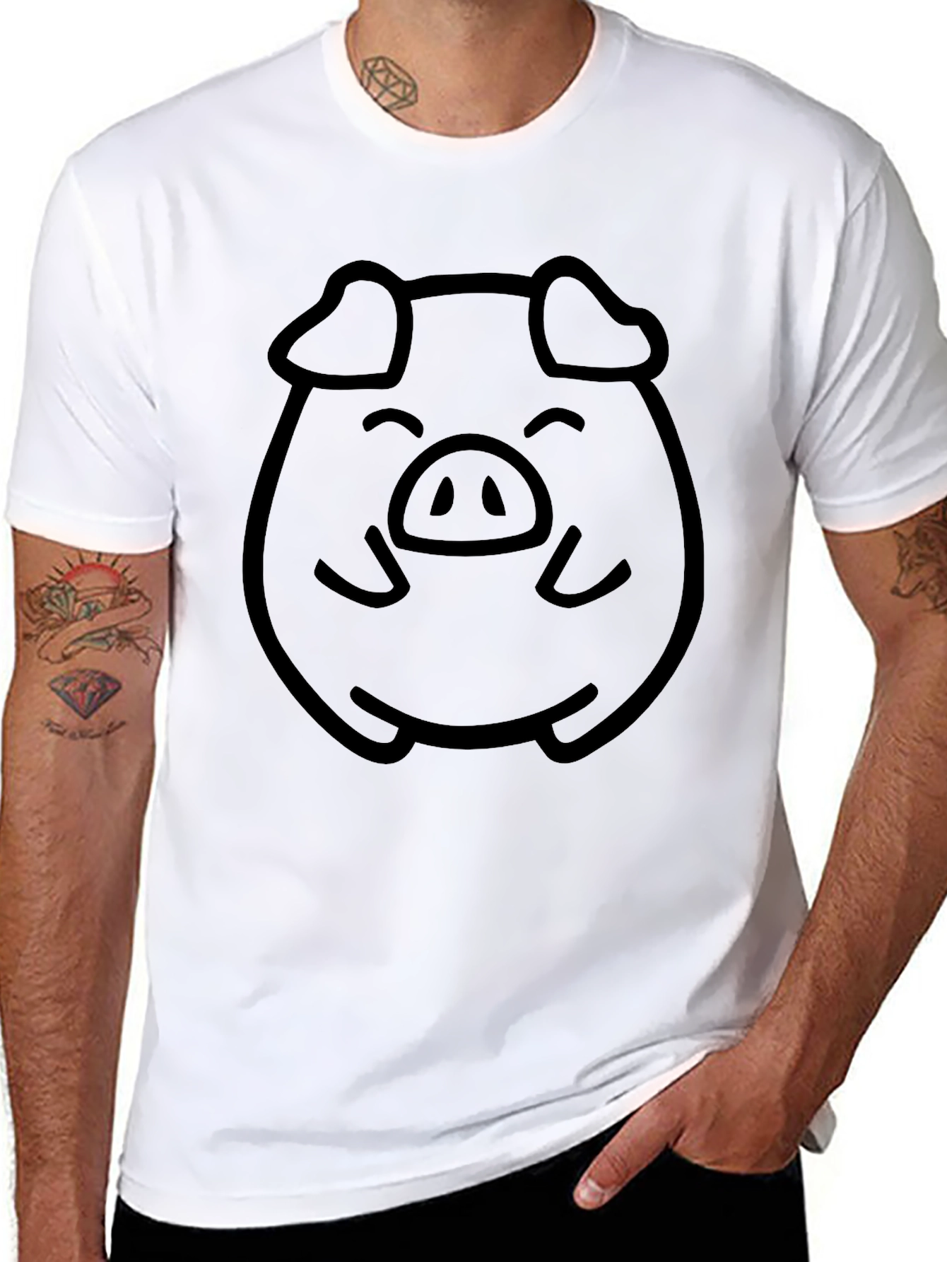Black Cute Pig Face Graphic Tee - Unisex Black T-Shirt view 8