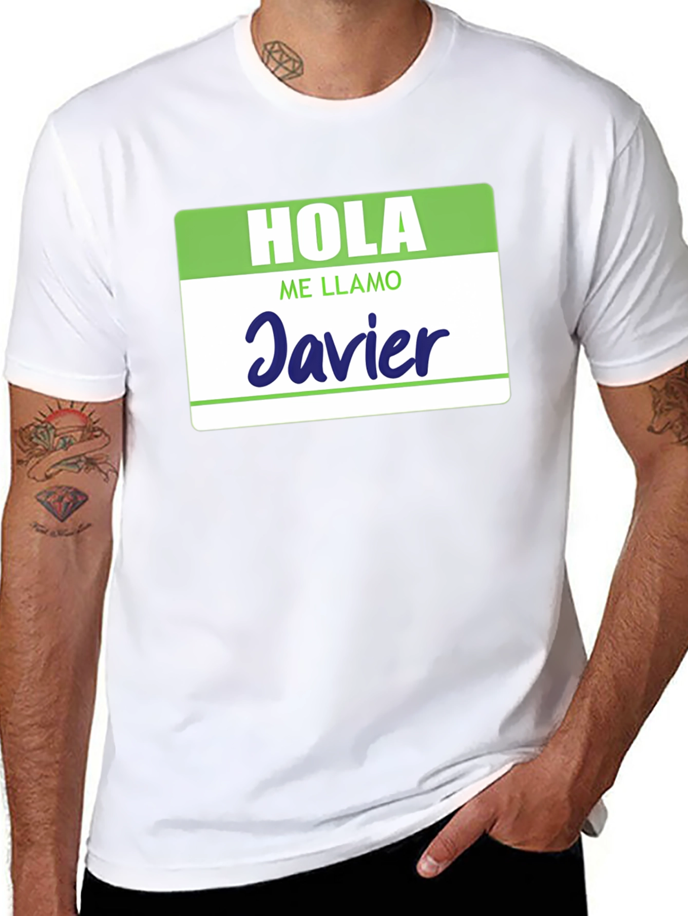 Black Hola Me Llamo Javier T-Shirt - Spanish Name Tag Tee view 8