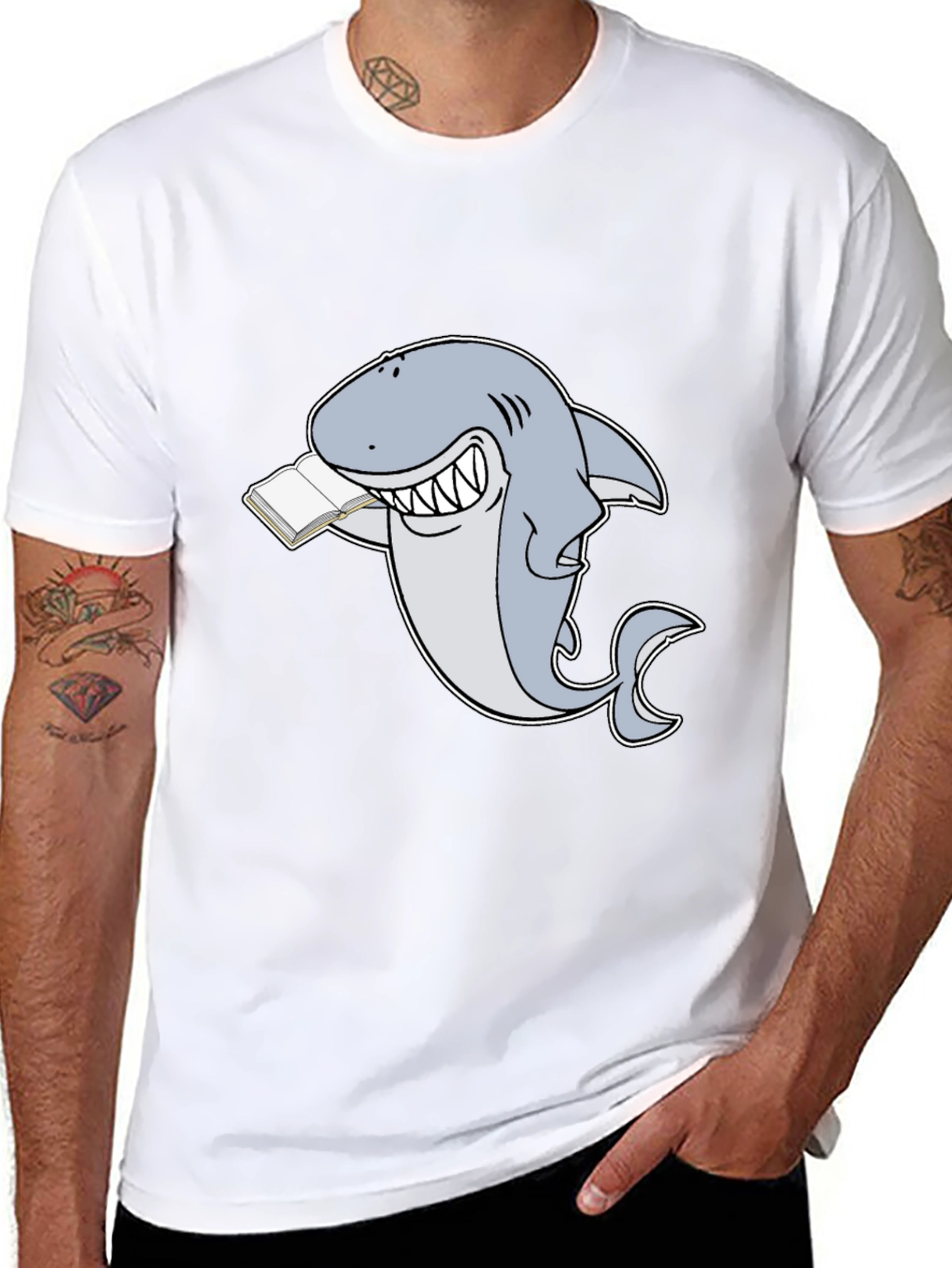 Black Funny Reading Shark T-Shirt - Black view 8