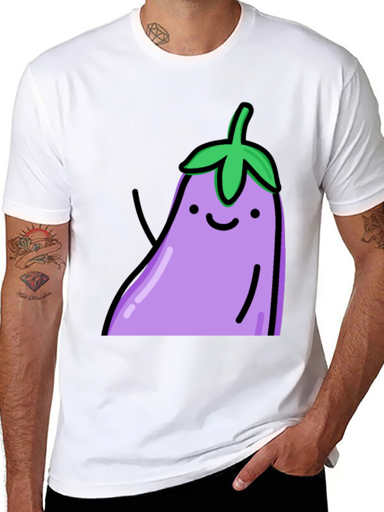 Black Cute Eggplant Graphic Print Black T-Shirt view 8