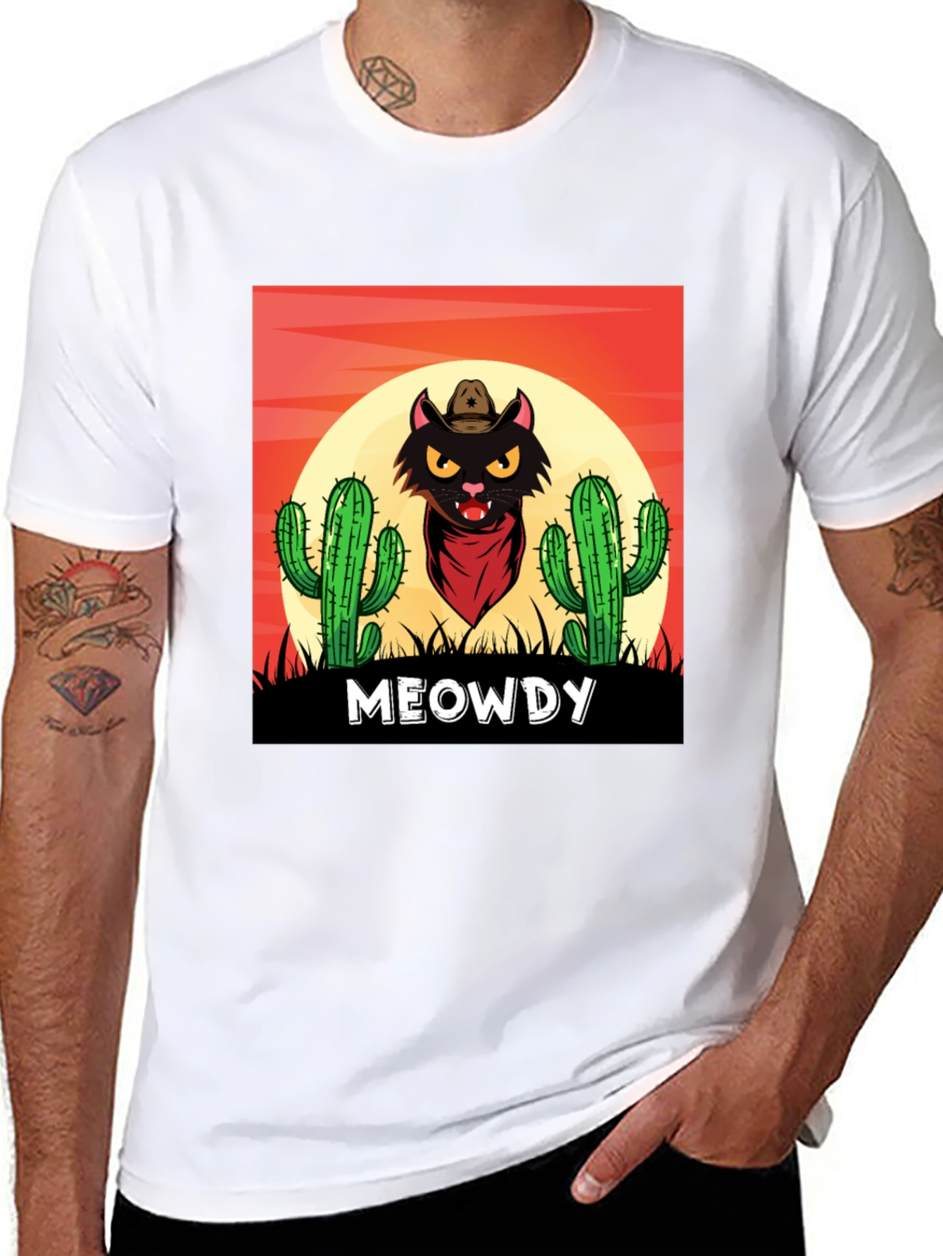 Black Meowdy Black Cat Cowboy Graphic T-Shirt view 8