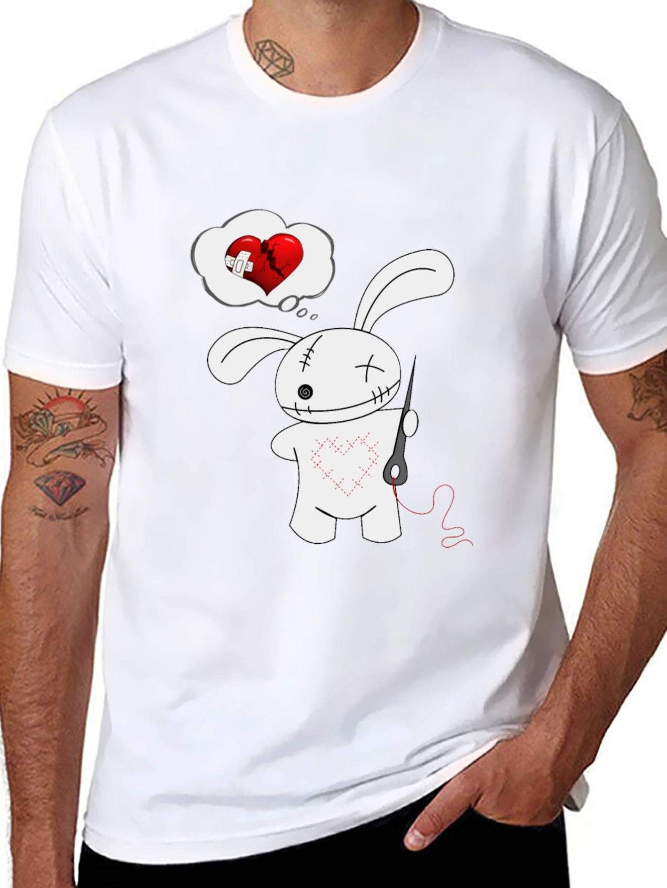 Black Stitched Heart Bunny Graphic Tee - Black Cotton Shirt view 8