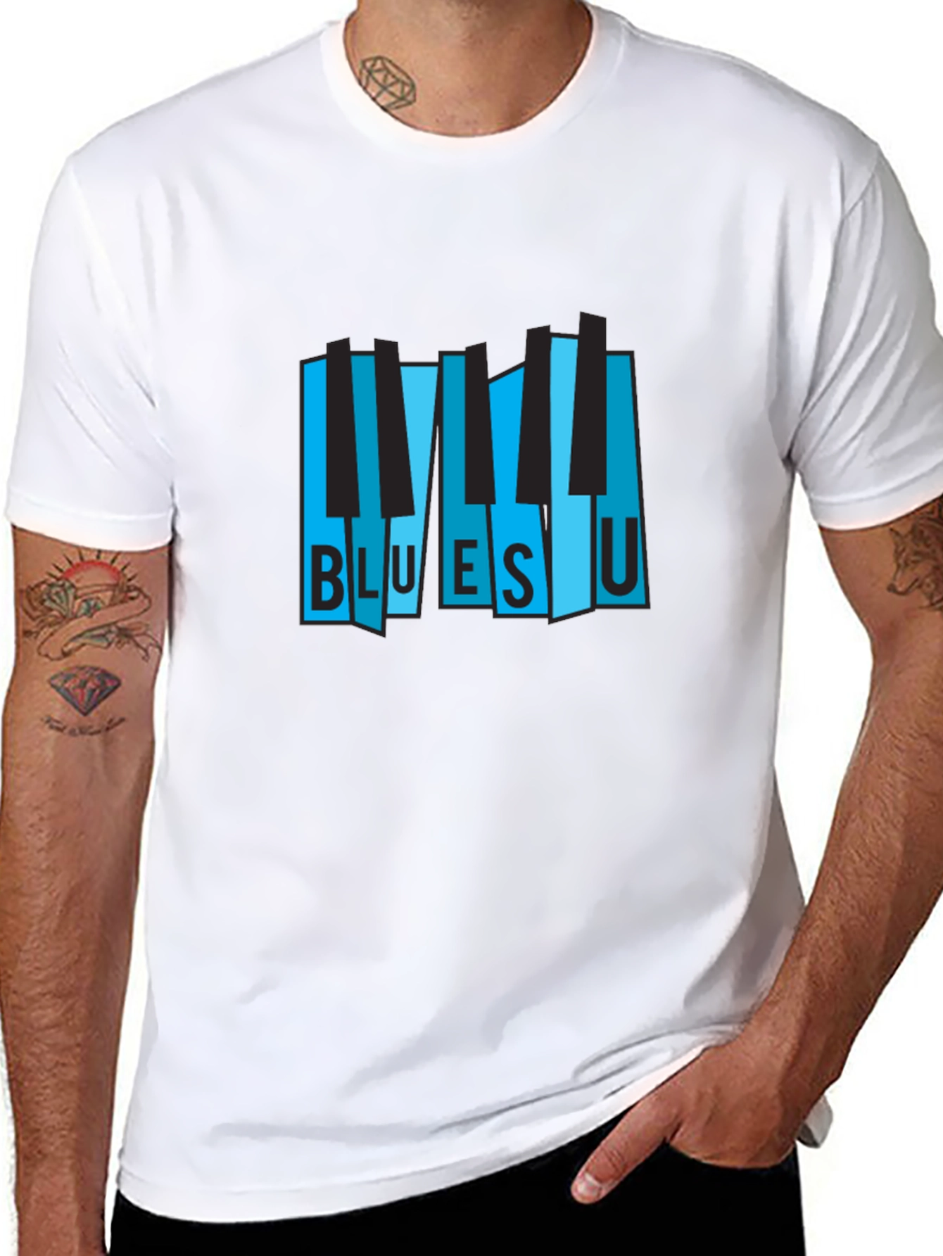 Black Blues U Piano Keys Graphic Black T-Shirt view 8