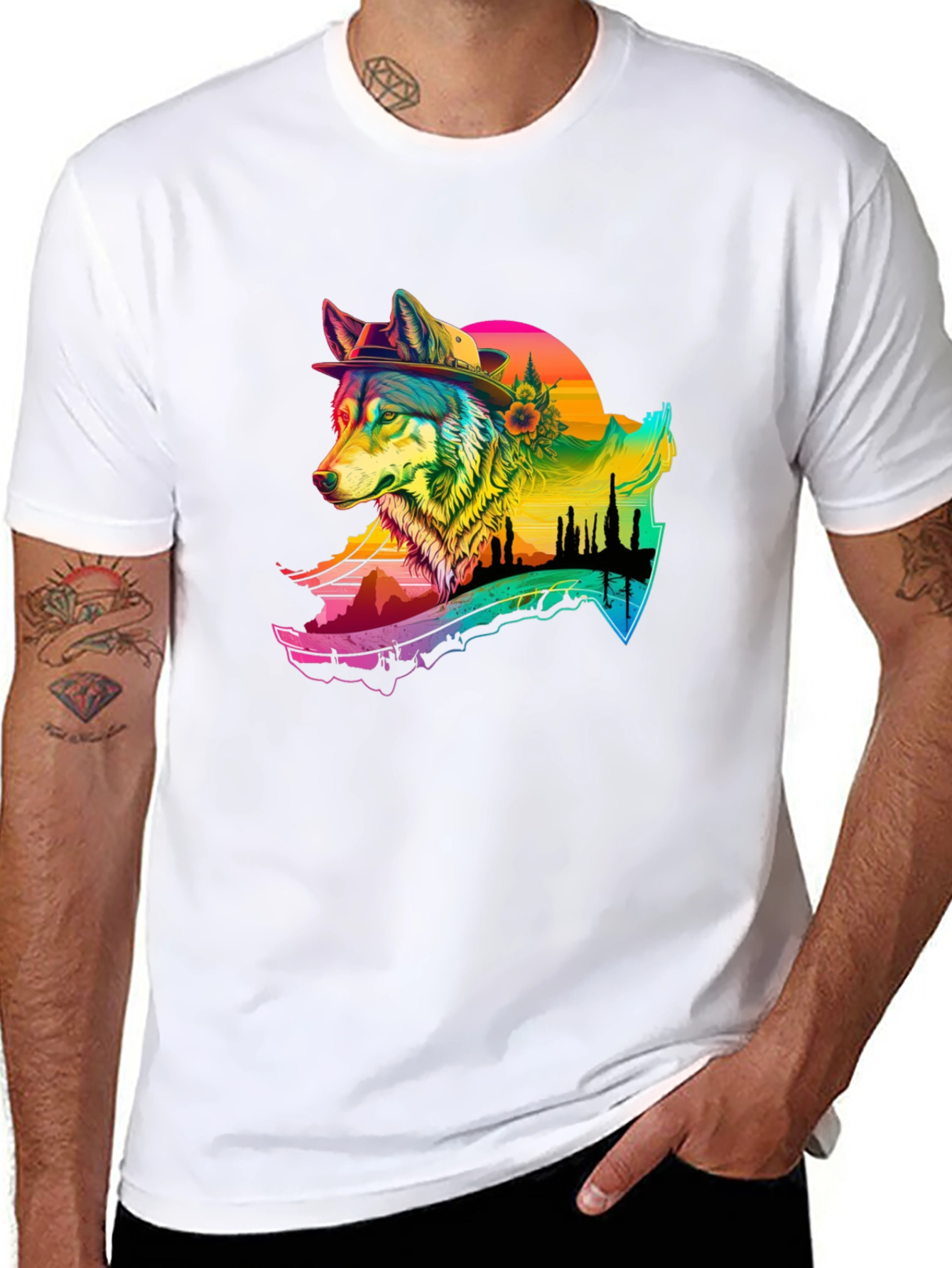 Black Wolf Graphic Black T-Shirt - Colorful Design view 8