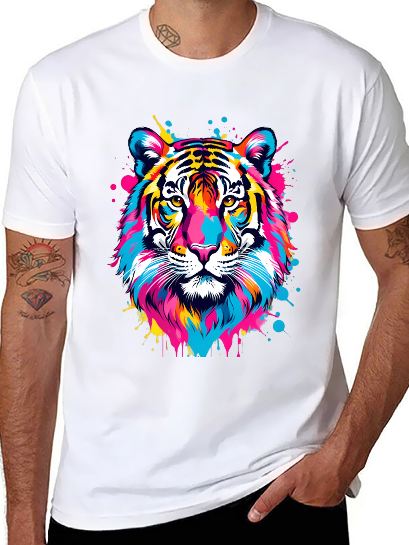 Black Colorful Tiger Graphic Print Black T-Shirt view 8