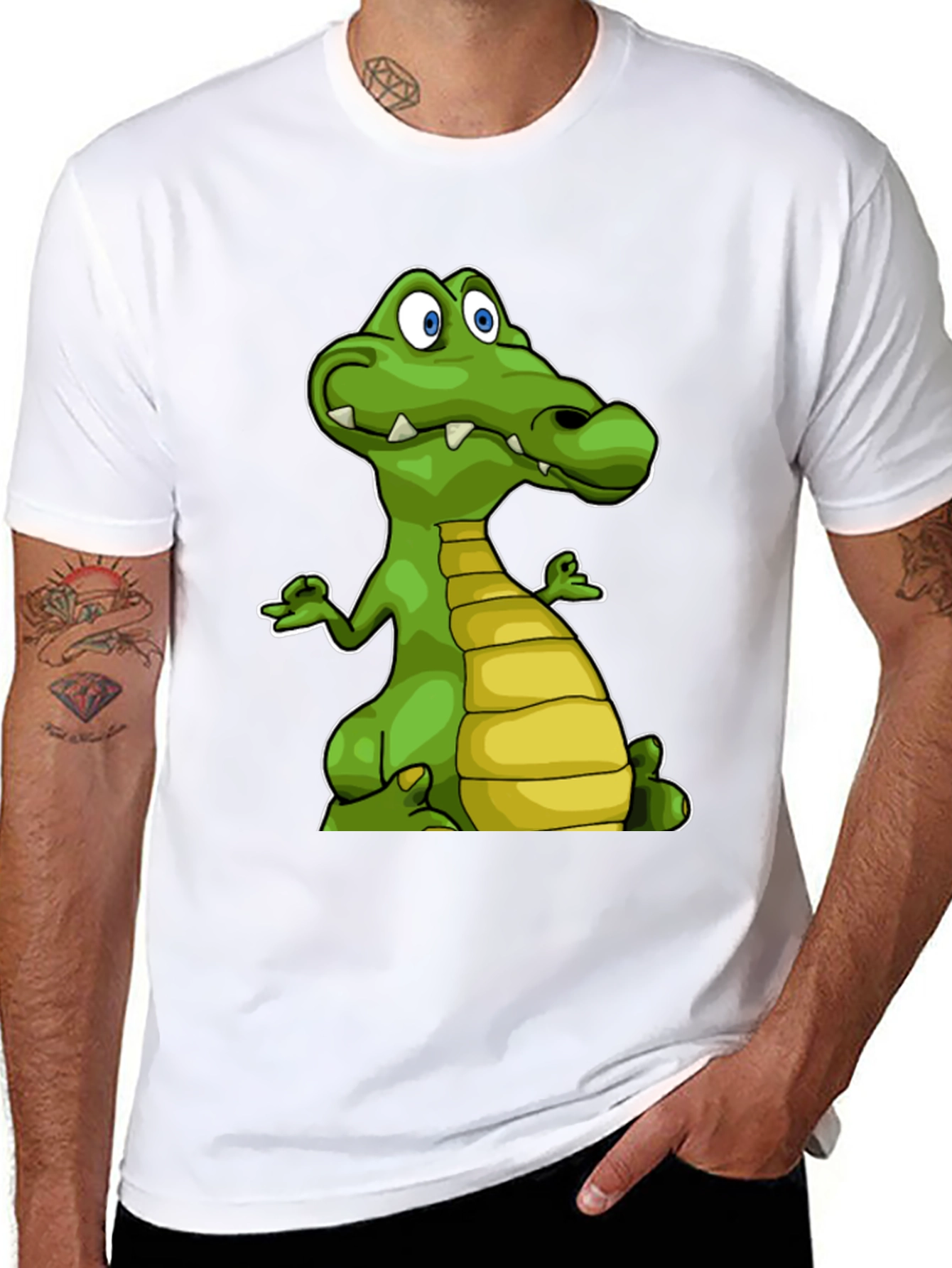 Black Cartoon Crocodile Graphic Tee - Black Cotton T-Shirt view 8