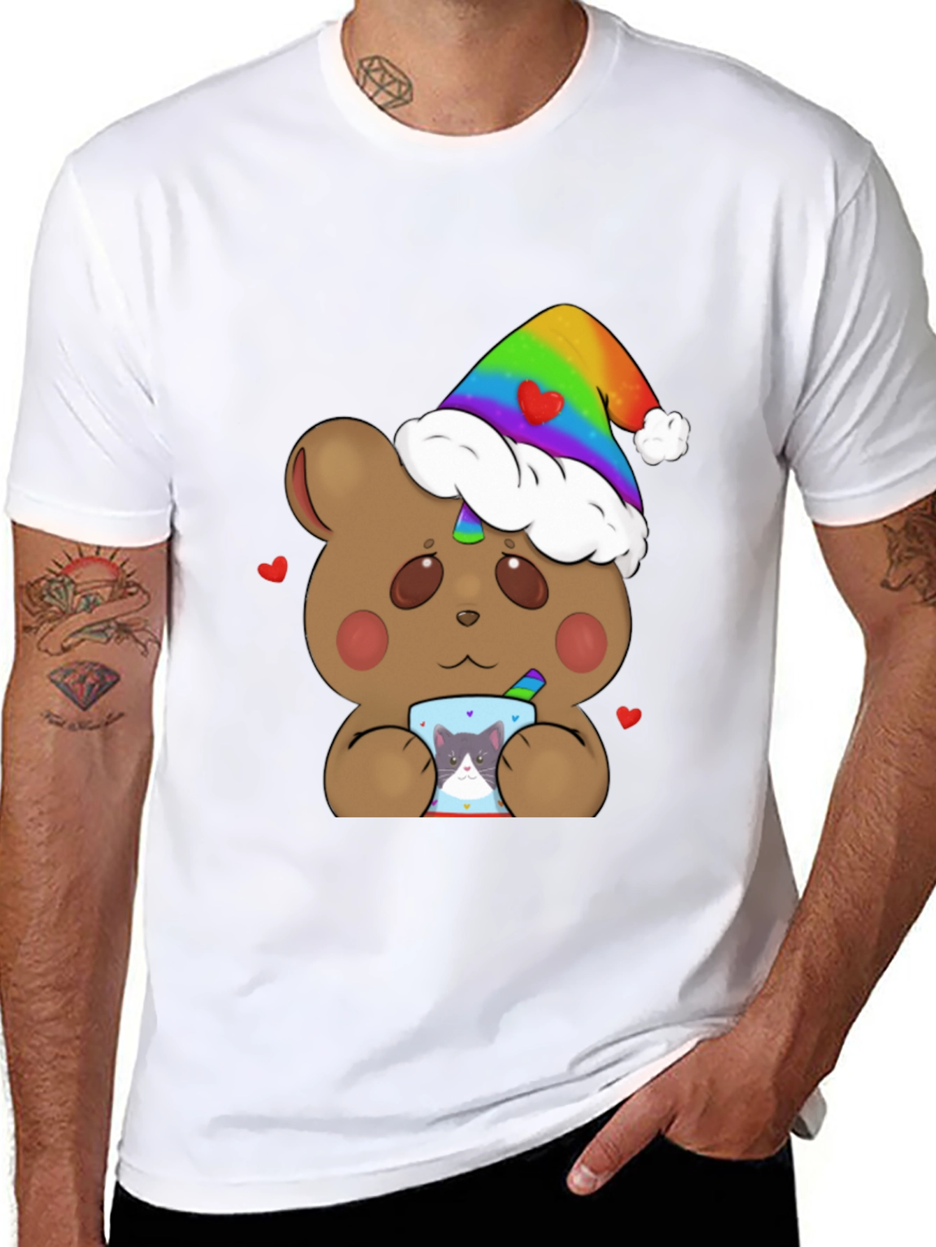 Black Bear with Rainbow Hat & Cat Mug T-Shirt view 8