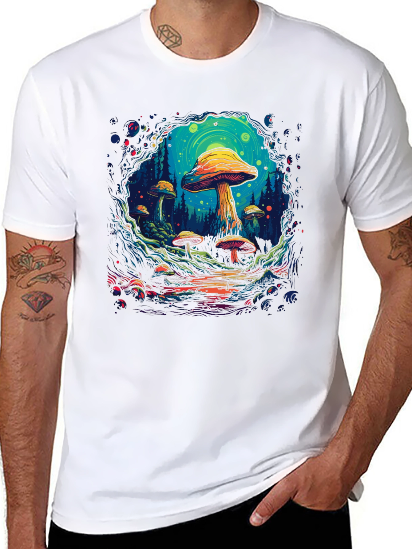 Black Psychedelic Mushroom Forest Graphic T-Shirt view 8