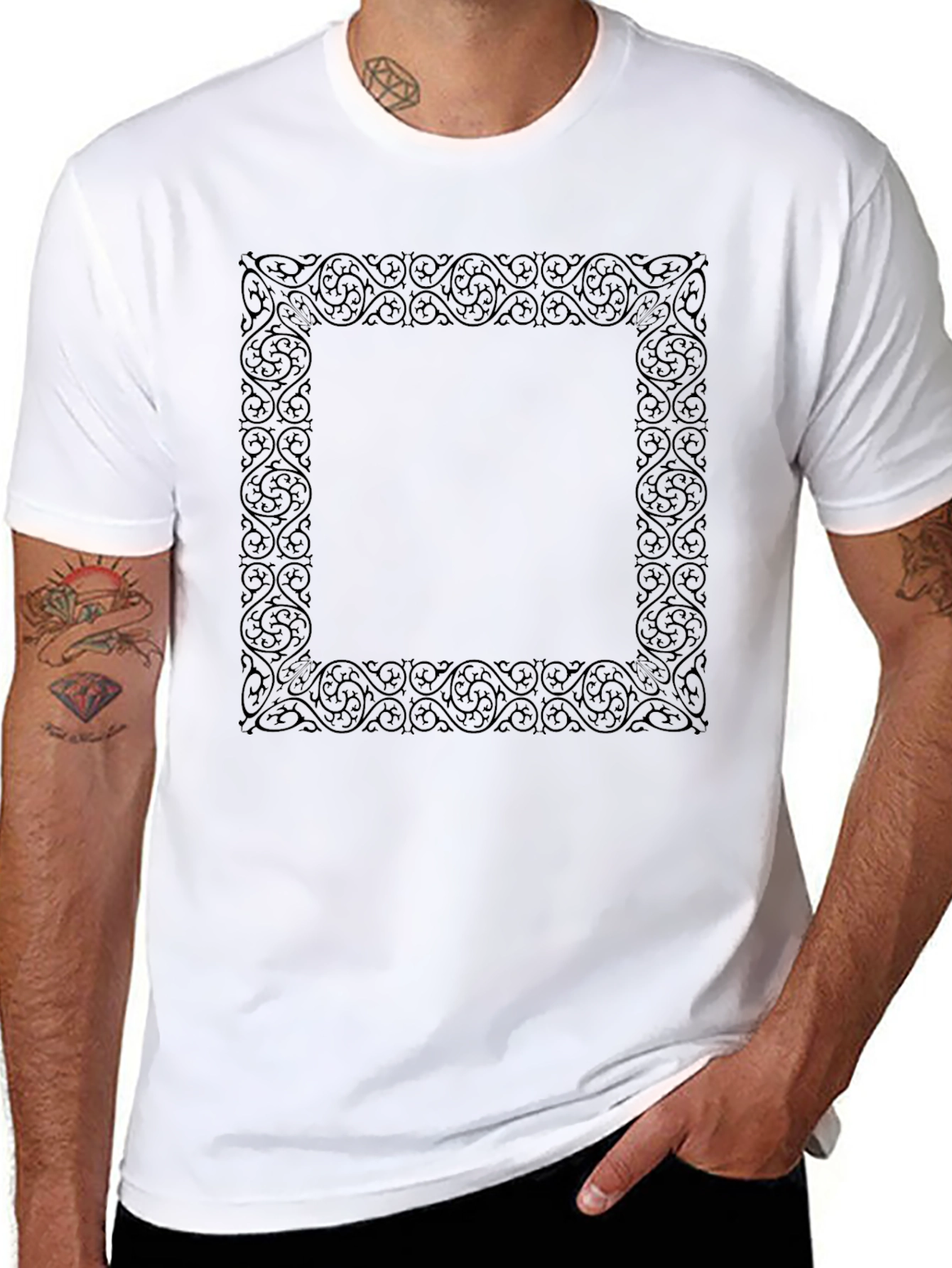 Black Men's Black Tee with Ornate Square Graphic view 8