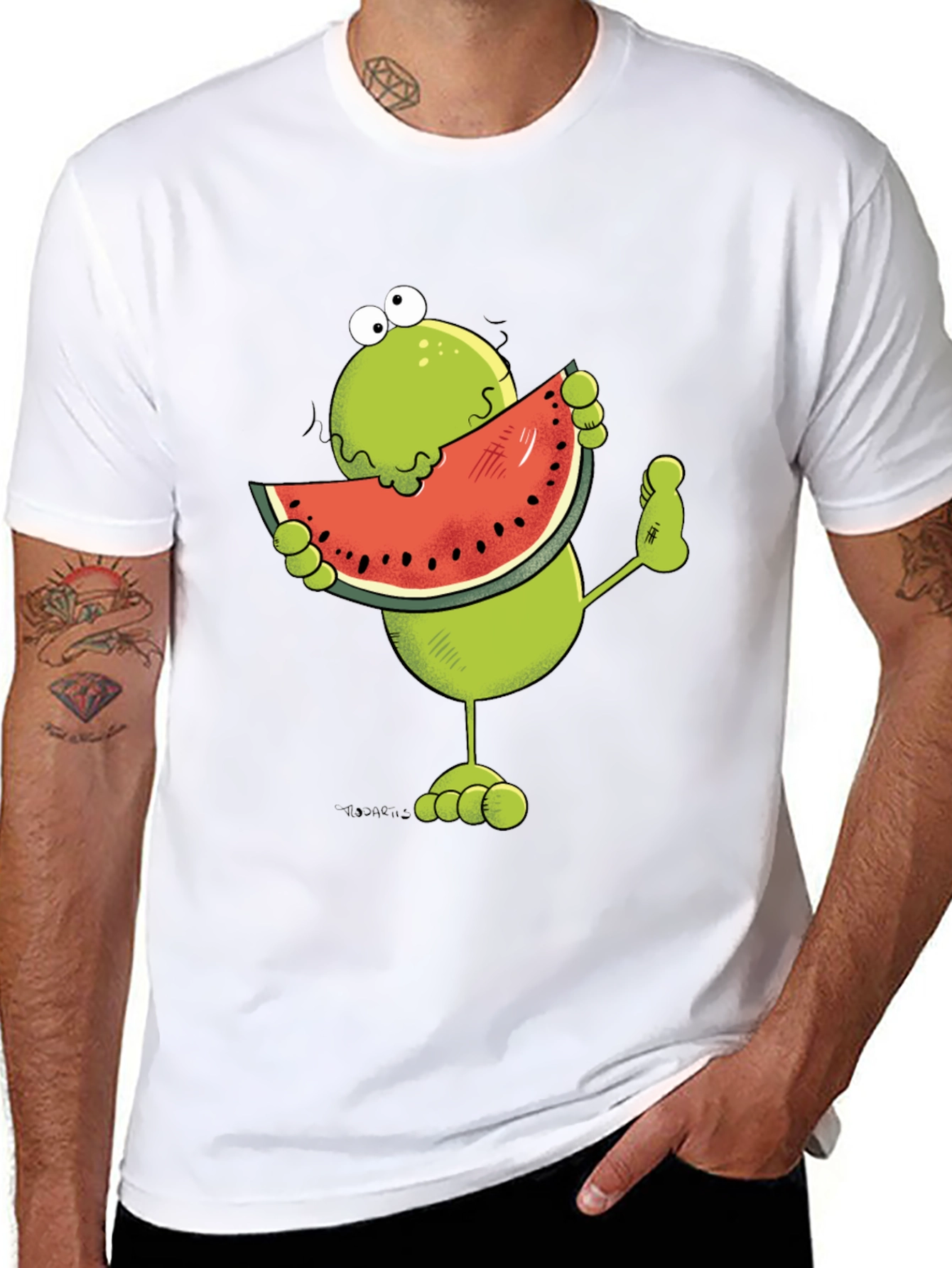 Black Frog Eating Watermelon Funny Graphic T-Shirt view 8