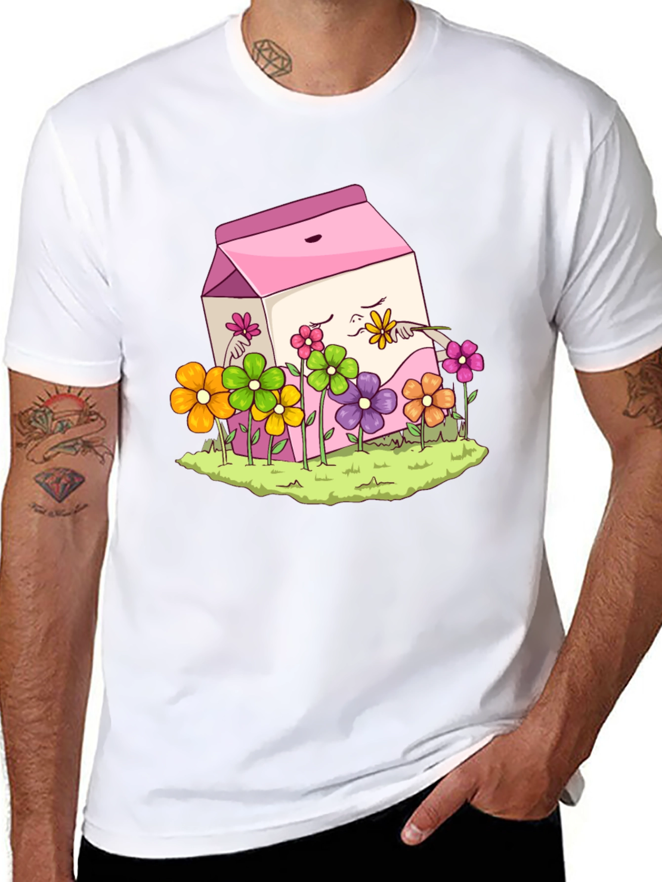 Black Cute Milk Carton & Flowers Graphic Tee view 8