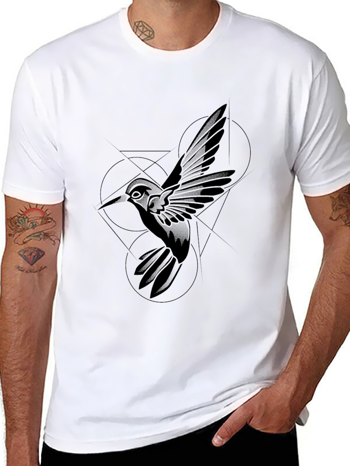 Black Geometric Hummingbird Black T-Shirt view 8