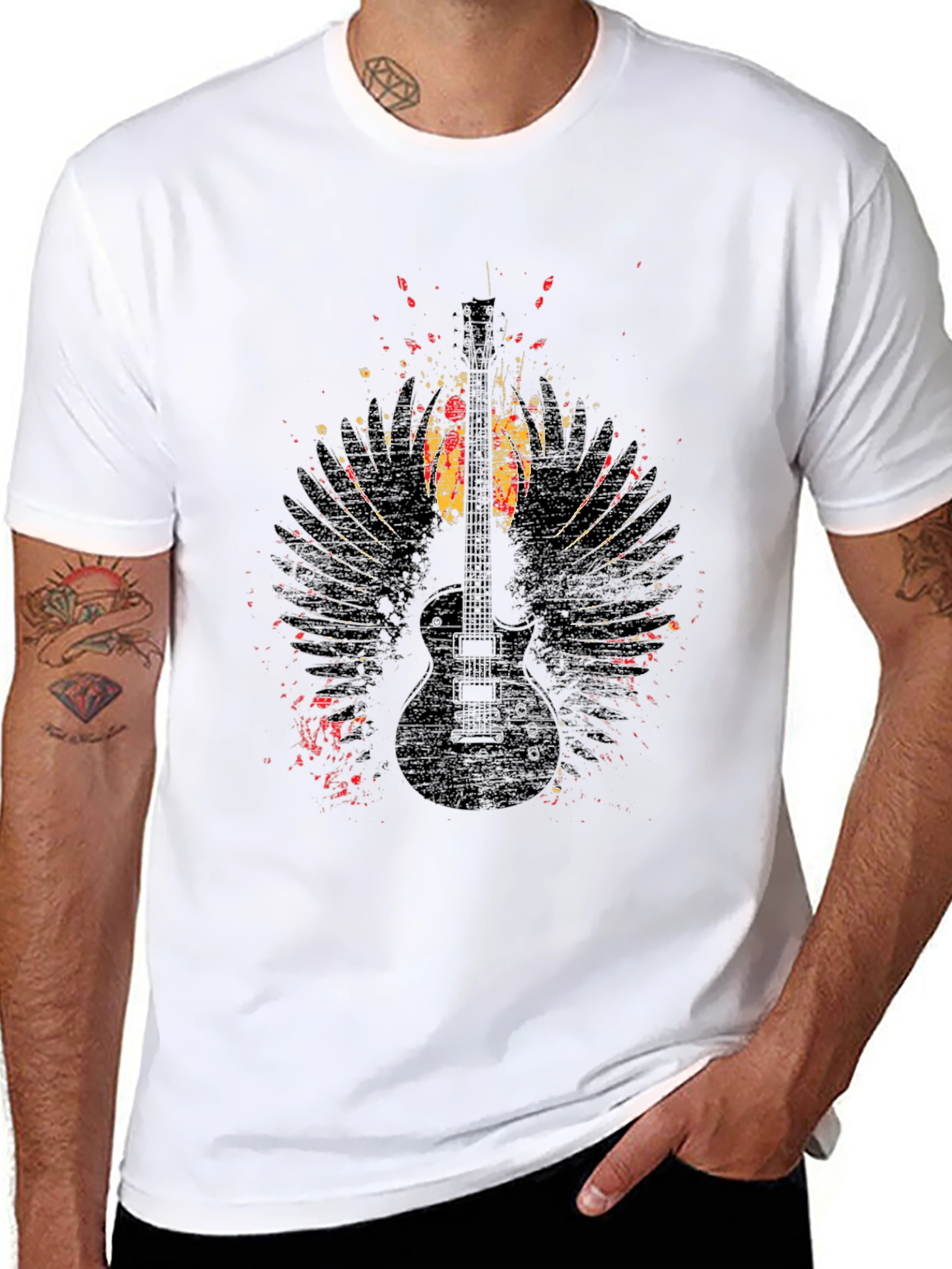 Black Grunge Guitar Wings Graphic Tee - Rock Style Shirt view 8