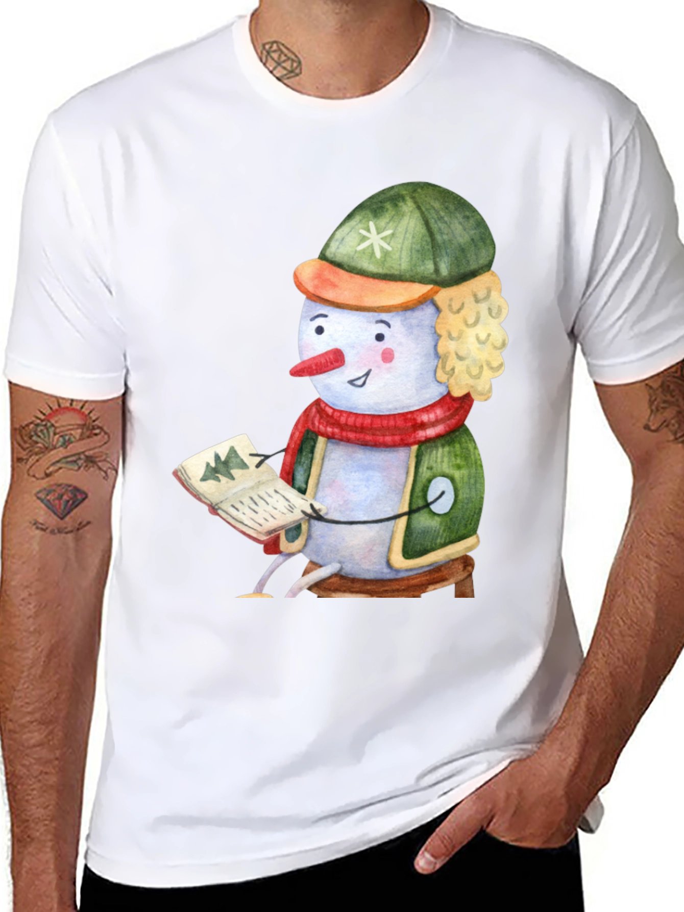 Black Festive Snowman Reading T-Shirt view 8