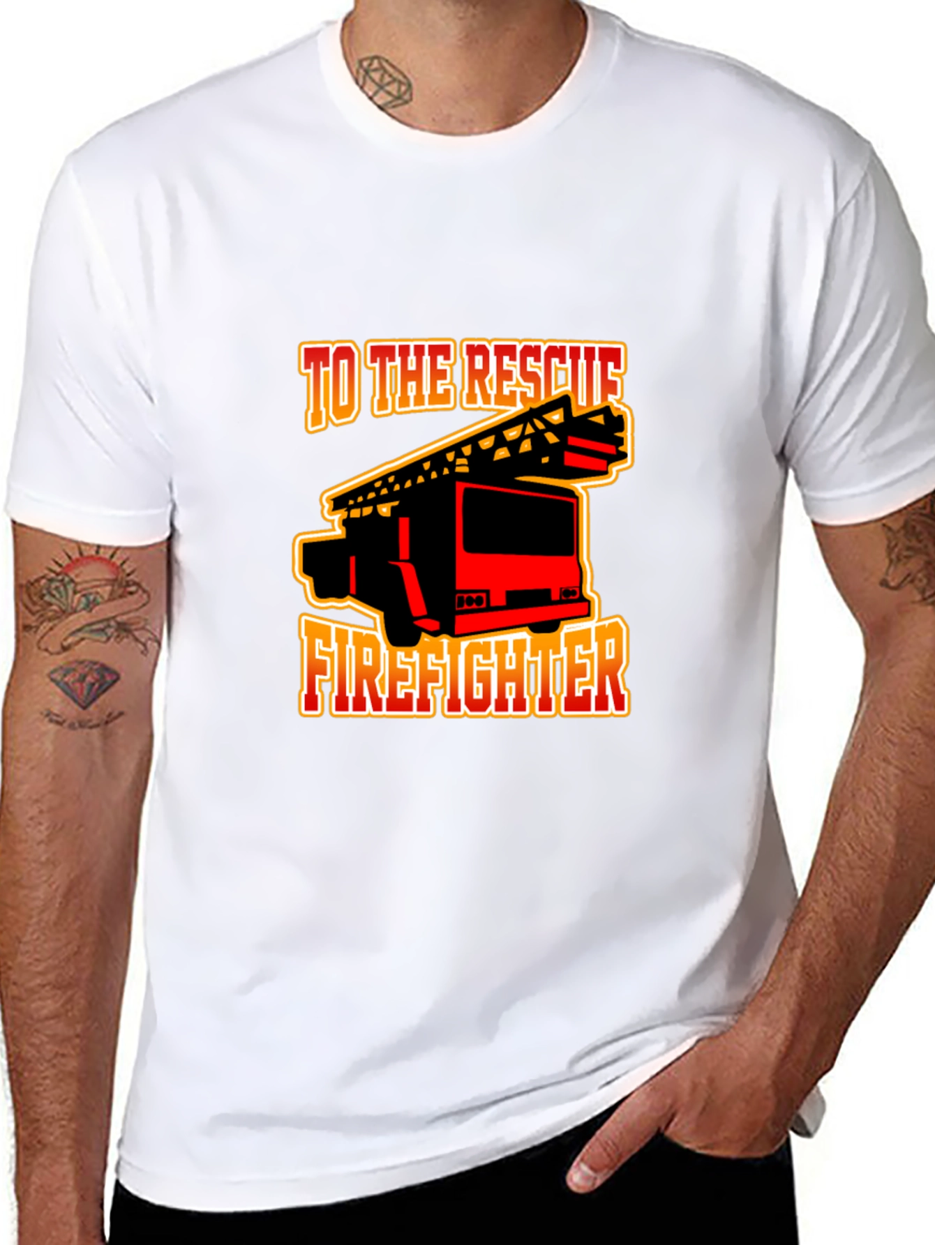 Black Firefighter Rescue Truck Graphic Tee - Black Cotton T-Shirt view 8