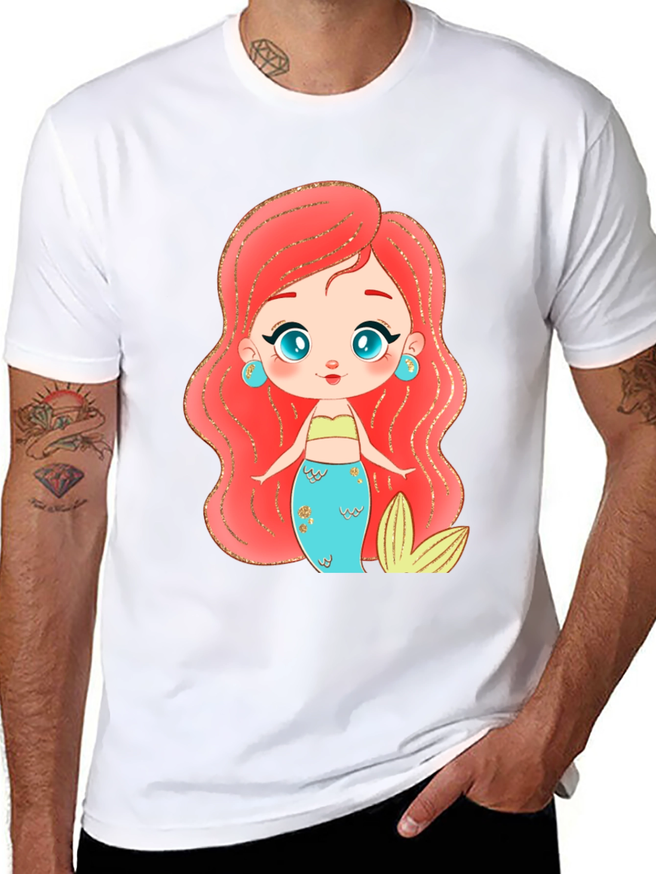 Black Mermaid Cartoon Graphic Black T-Shirt view 8