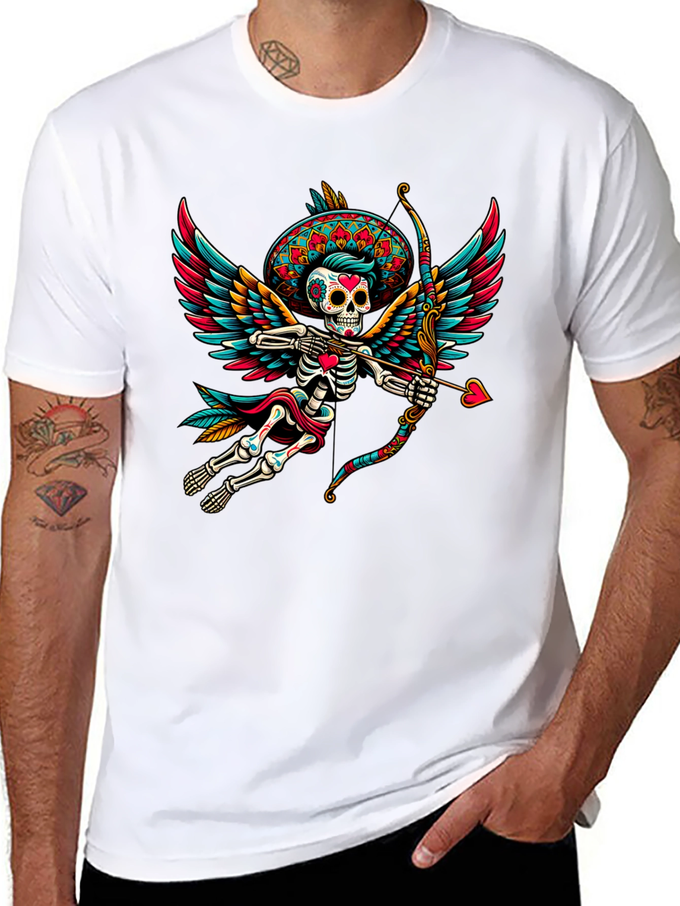 Black Sugar Skull Cupid T-Shirt - Unique Dia de los Muertos Design view 8