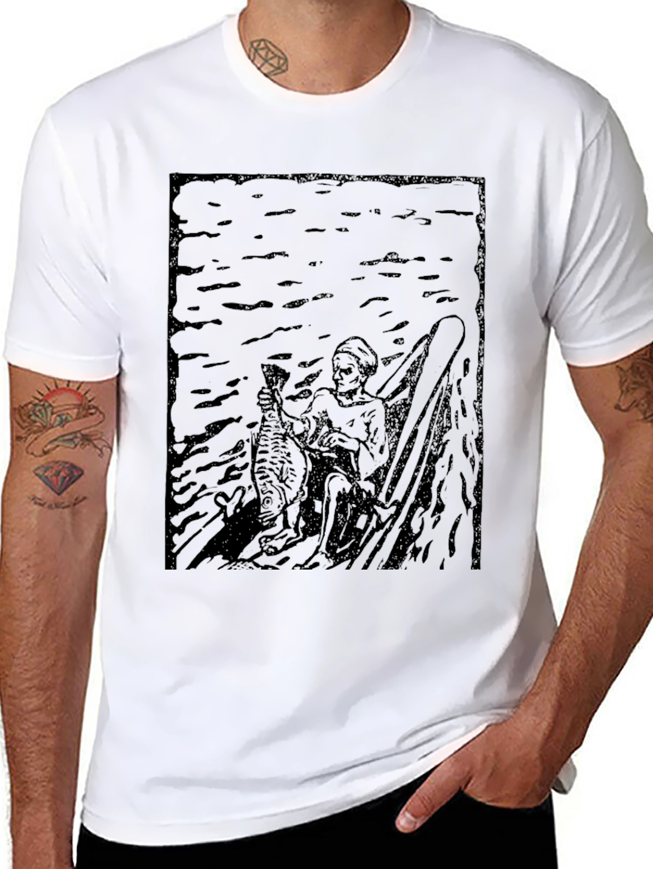 Black Dark Graphic Print Tee - Fisherman Design view 8
