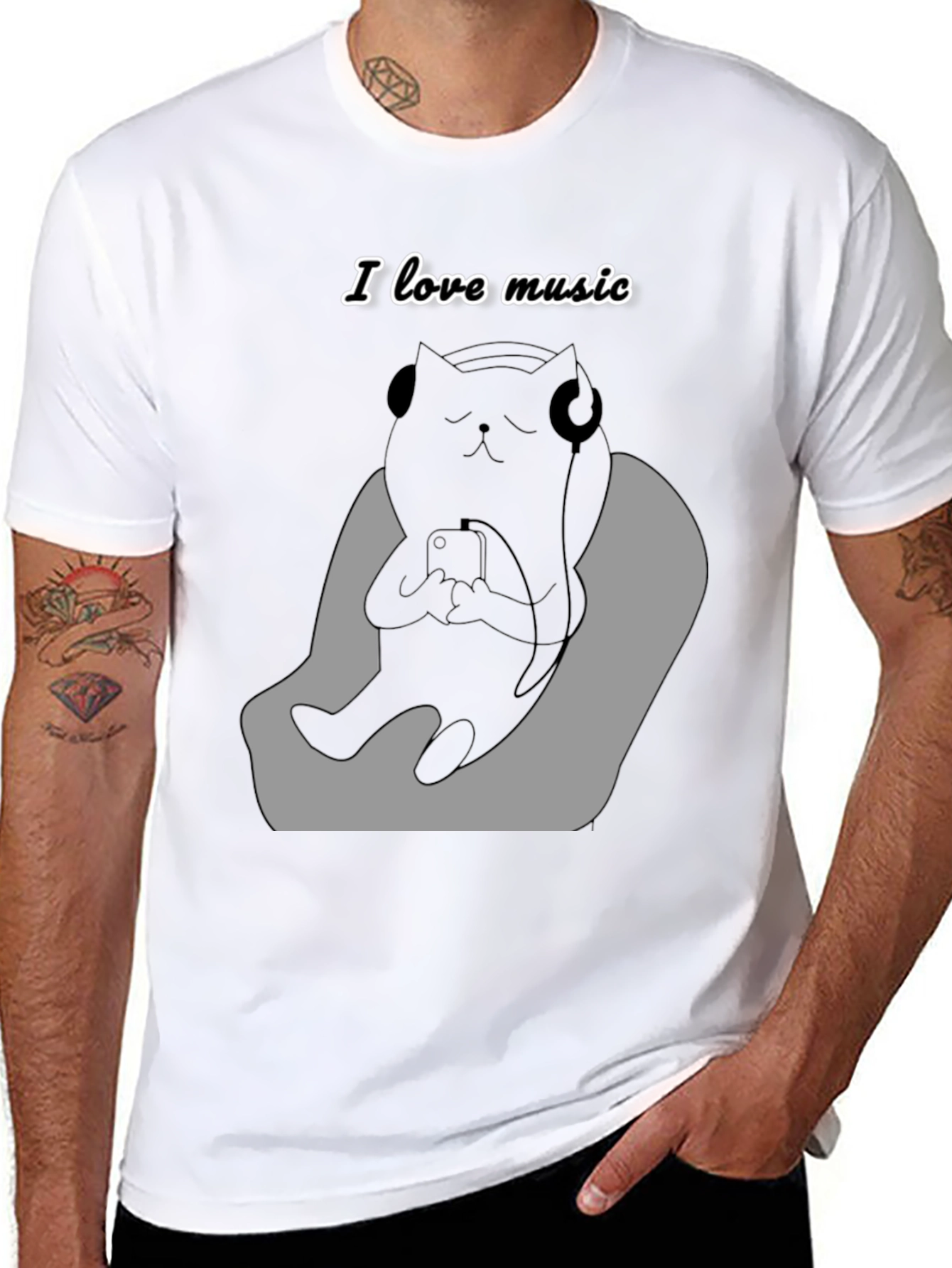 Black Cool Cat Music Lover Graphic Tee view 8