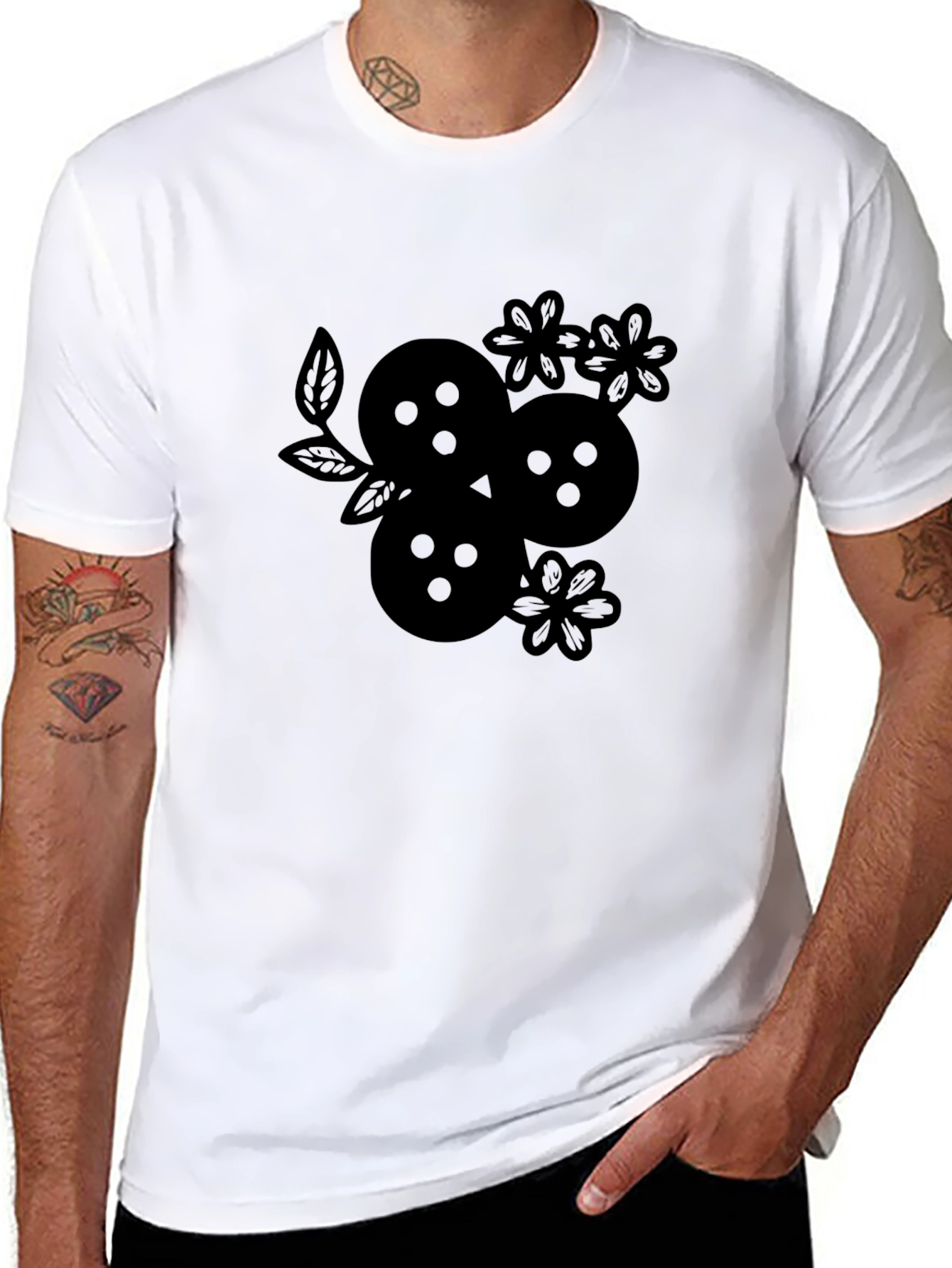 Black Black Graphic Tee - Floral Fruit Design view 8
