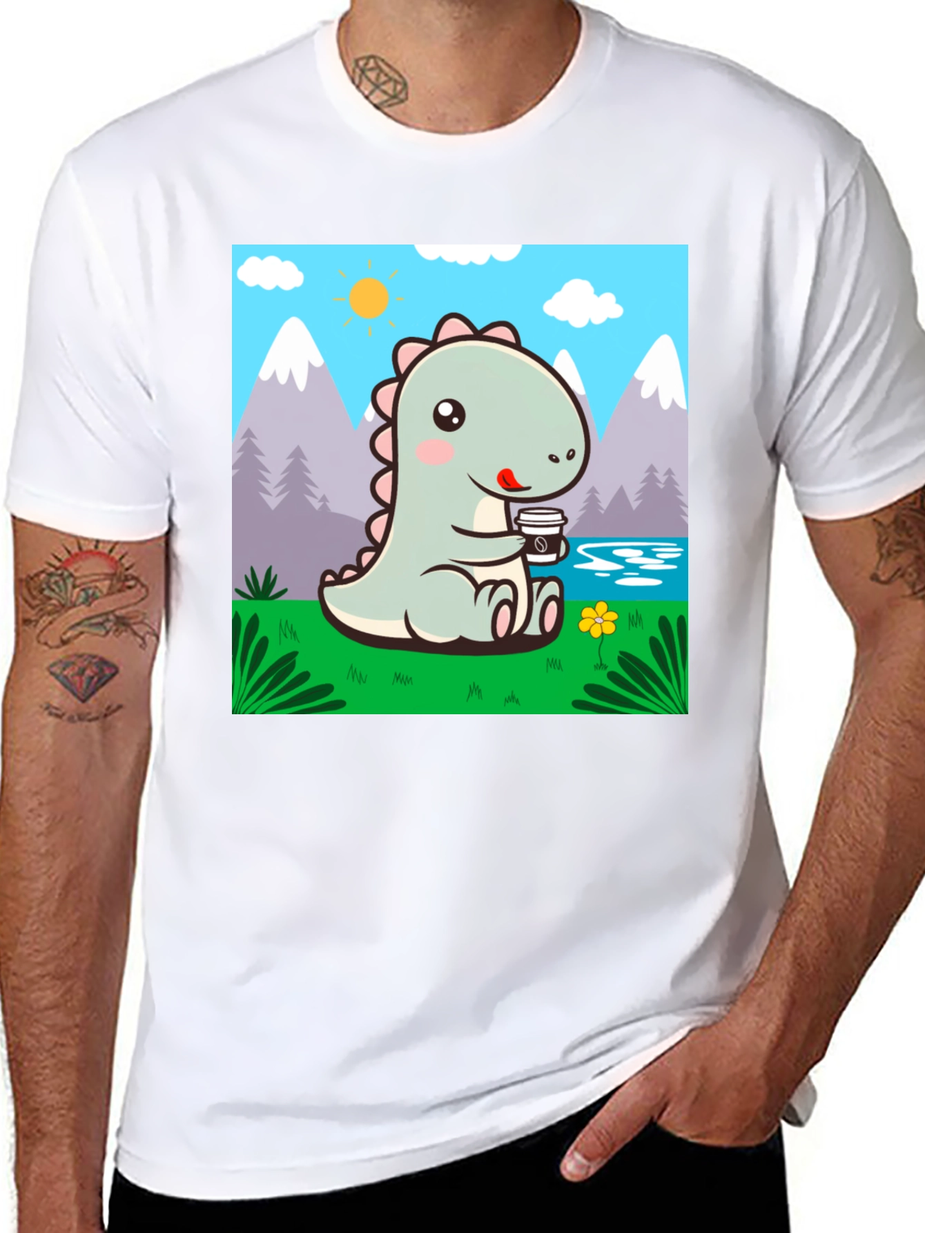 Black Cute Dinosaur Coffee T-Shirt view 8