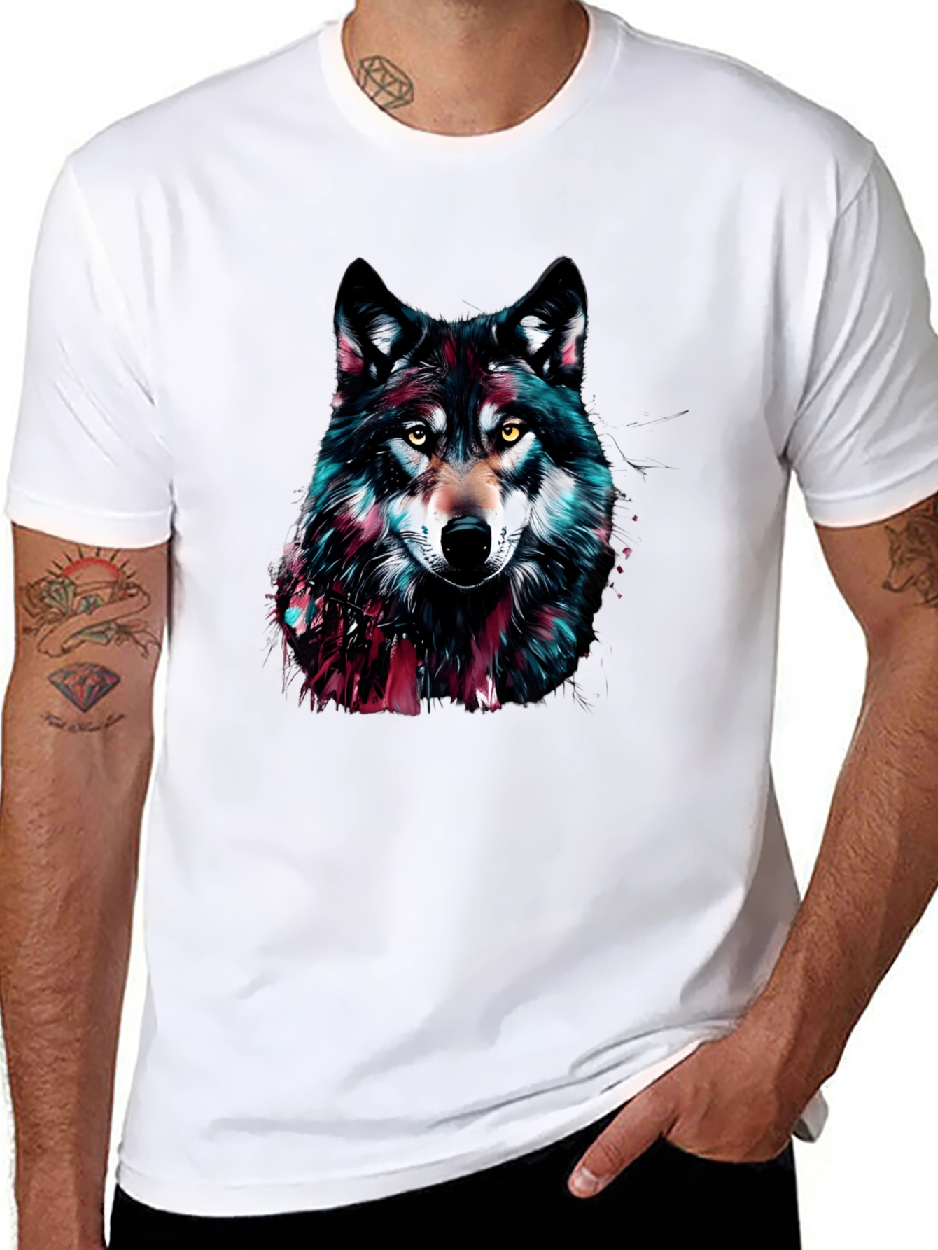 Black Wolf Graphic Print Crew Neck Men's T-Shirt view 8