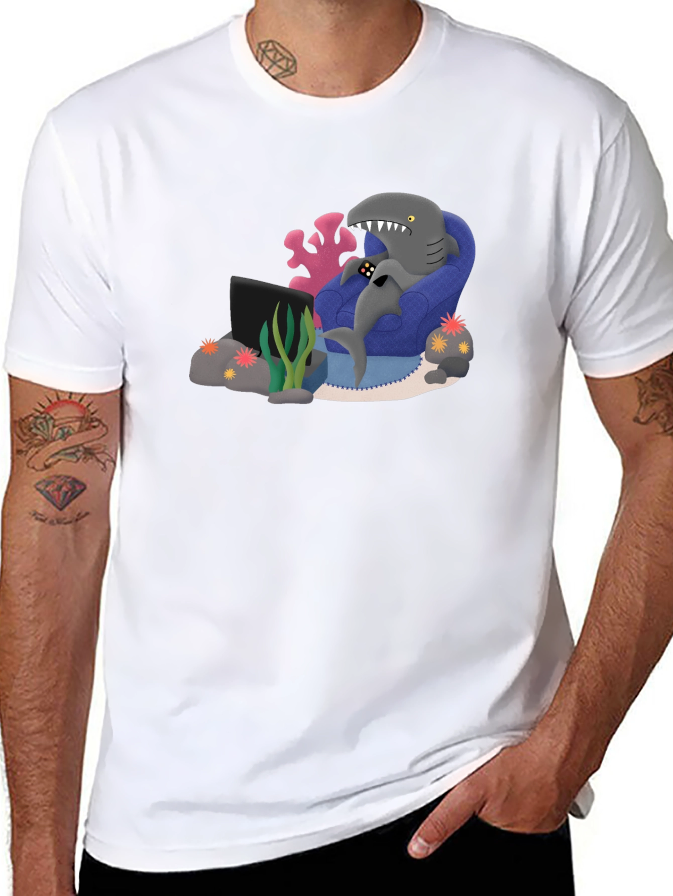 Black Gamer Shark Graphic Tee - Comfy and Fun! view 8