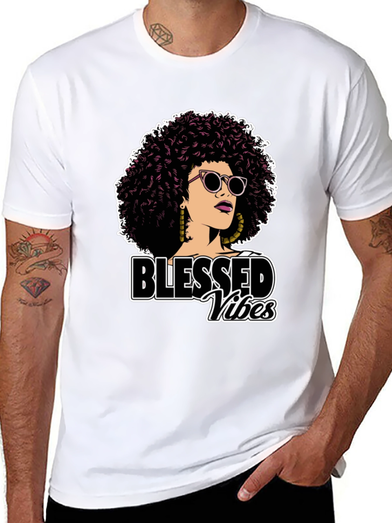 Black Blessed Vibes Graphic Tee - Stylish Afro Woman Design view 8