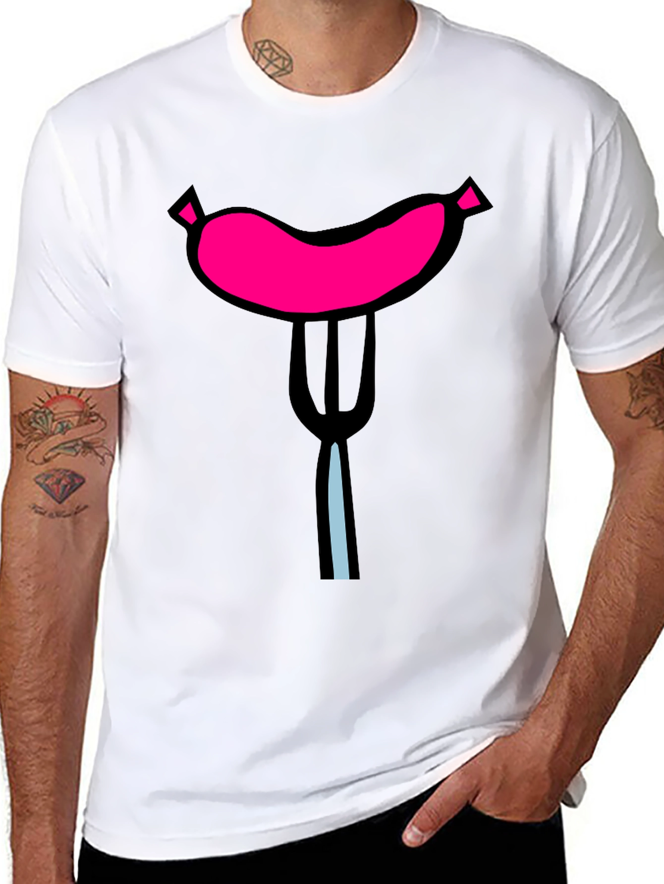Black Funny Sausage on Fork Black T-Shirt view 8