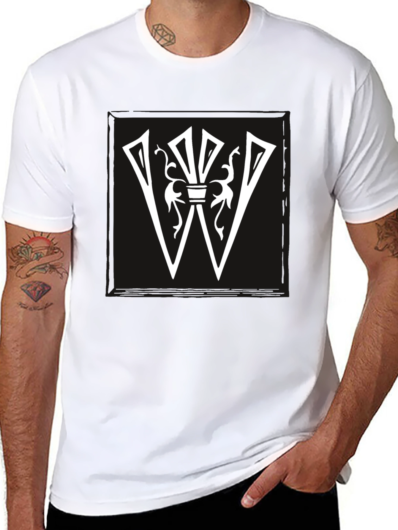 Black Graphic Tee: White Letter W Design on Black Shirt view 8