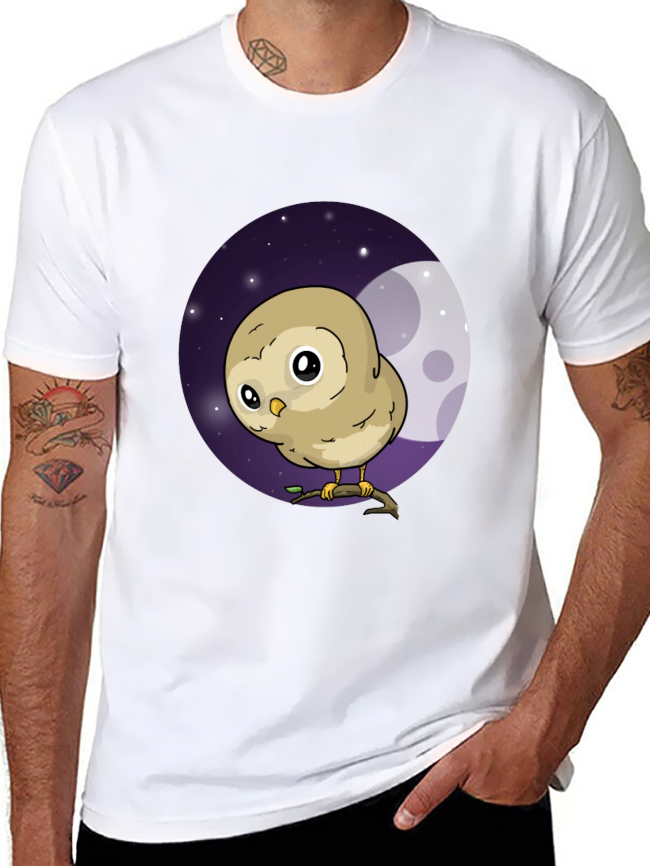 Black Cute Owl Moon Graphic Black T-Shirt view 8