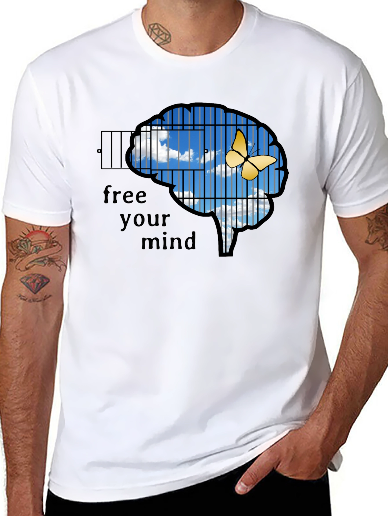 Black Free Your Mind T-Shirt: Brain Cage & Butterfly Graphic Tee view 8