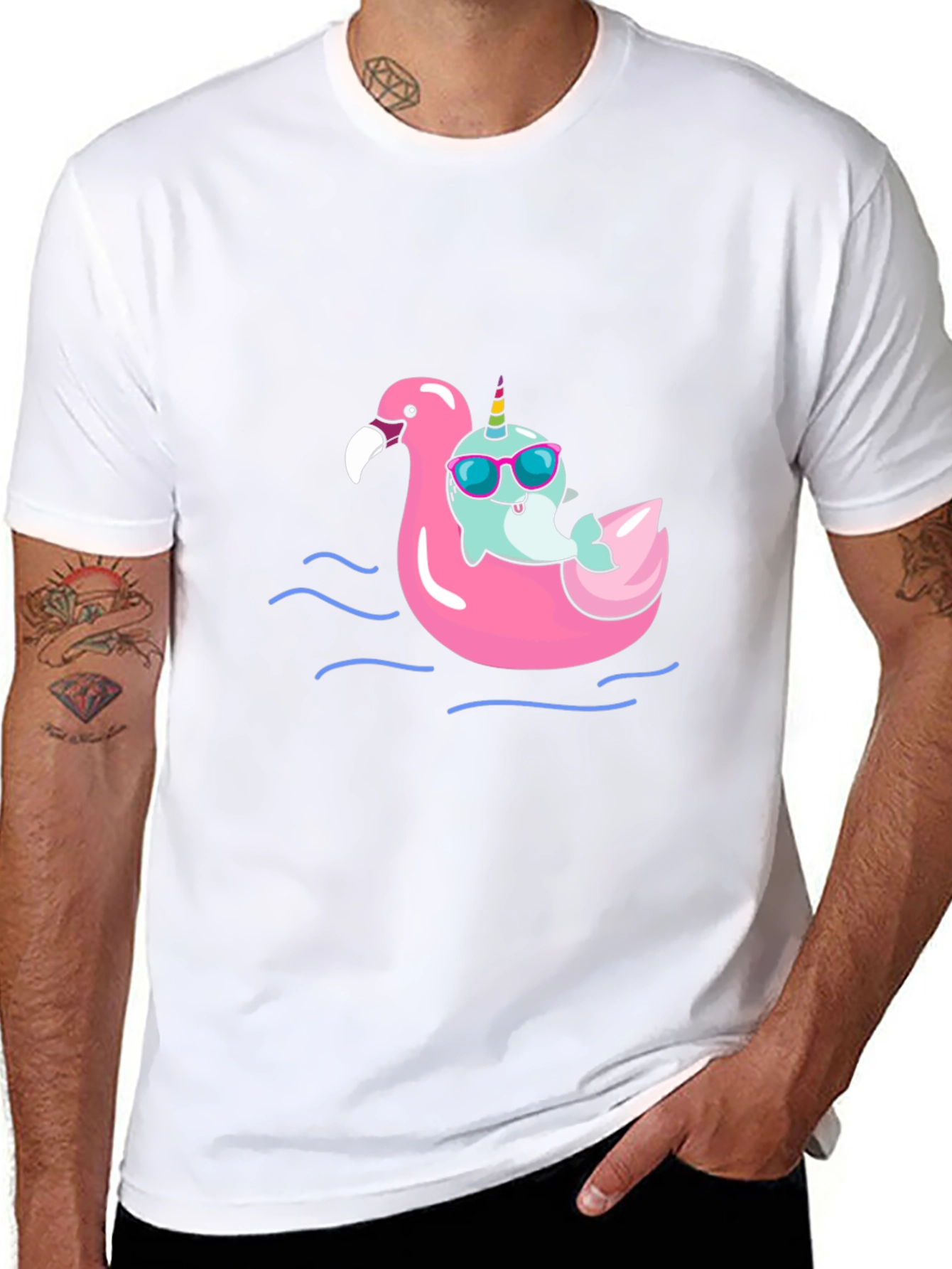 Black Narwhal on Flamingo Float Black T-Shirt view 8