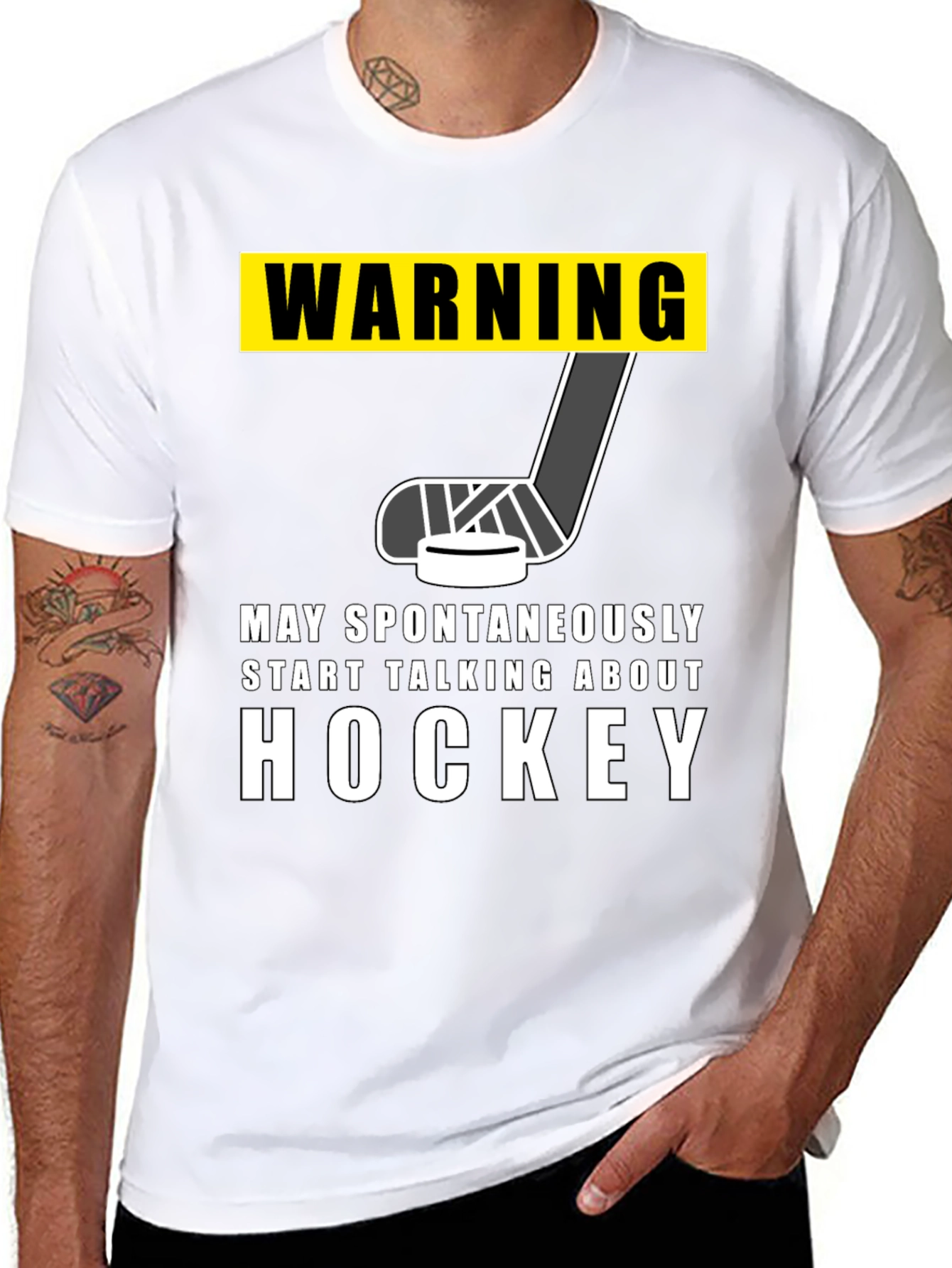 Black Warning Hockey T-Shirt - May Spontaneously Talk About Hockey view 8
