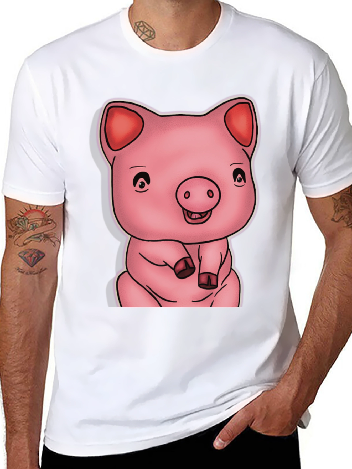 Black Cute Pig Graphic Black T-Shirt view 8