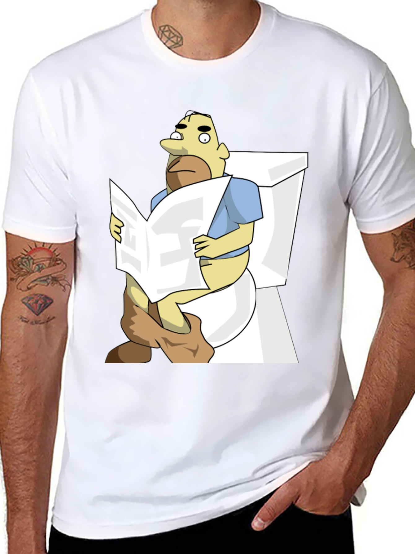 Black Humorous Cartoon Man on Toilet T-Shirt view 8