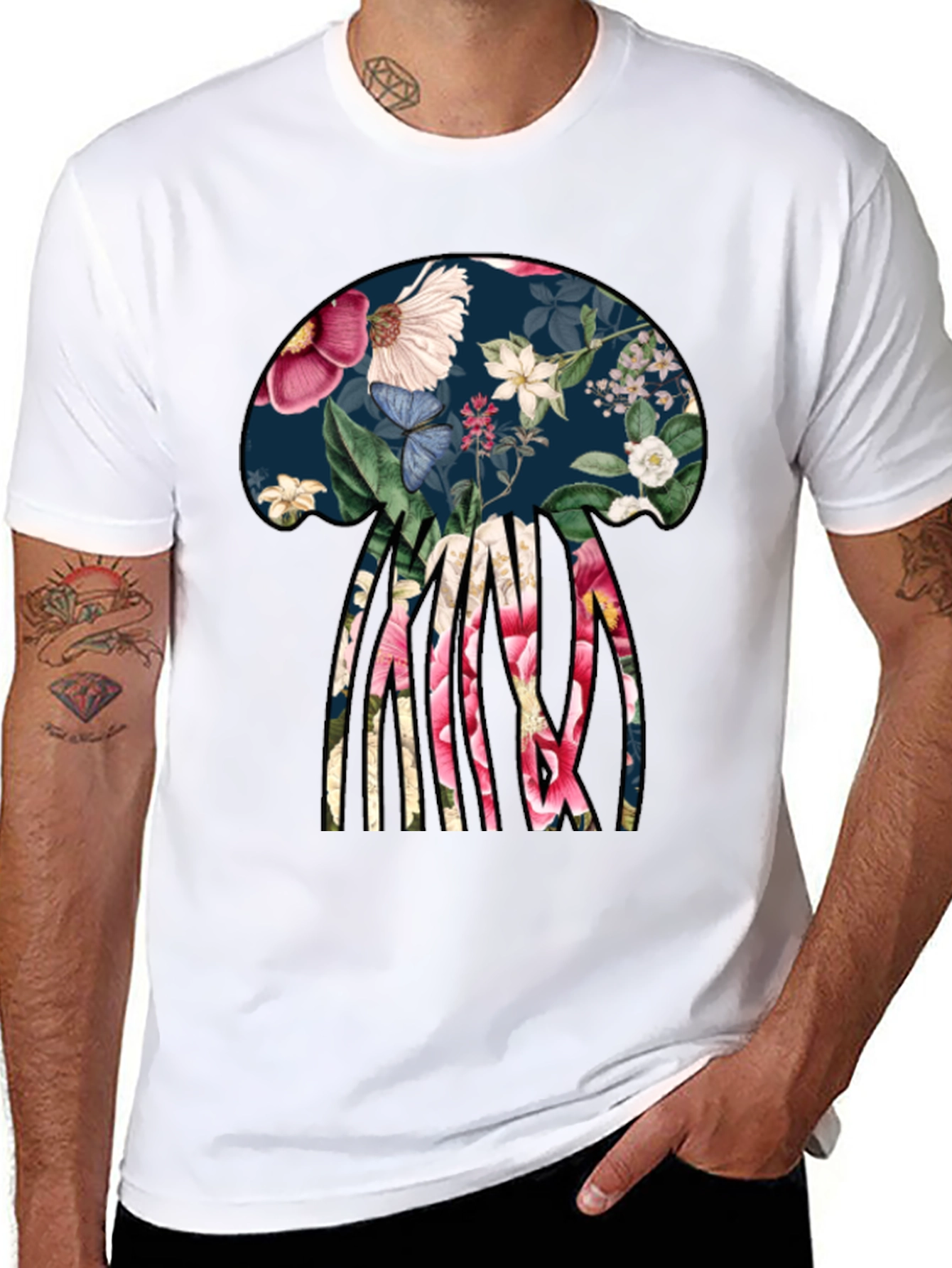 Black Floral Jellyfish Graphic Tee - Black Cotton T-Shirt view 8