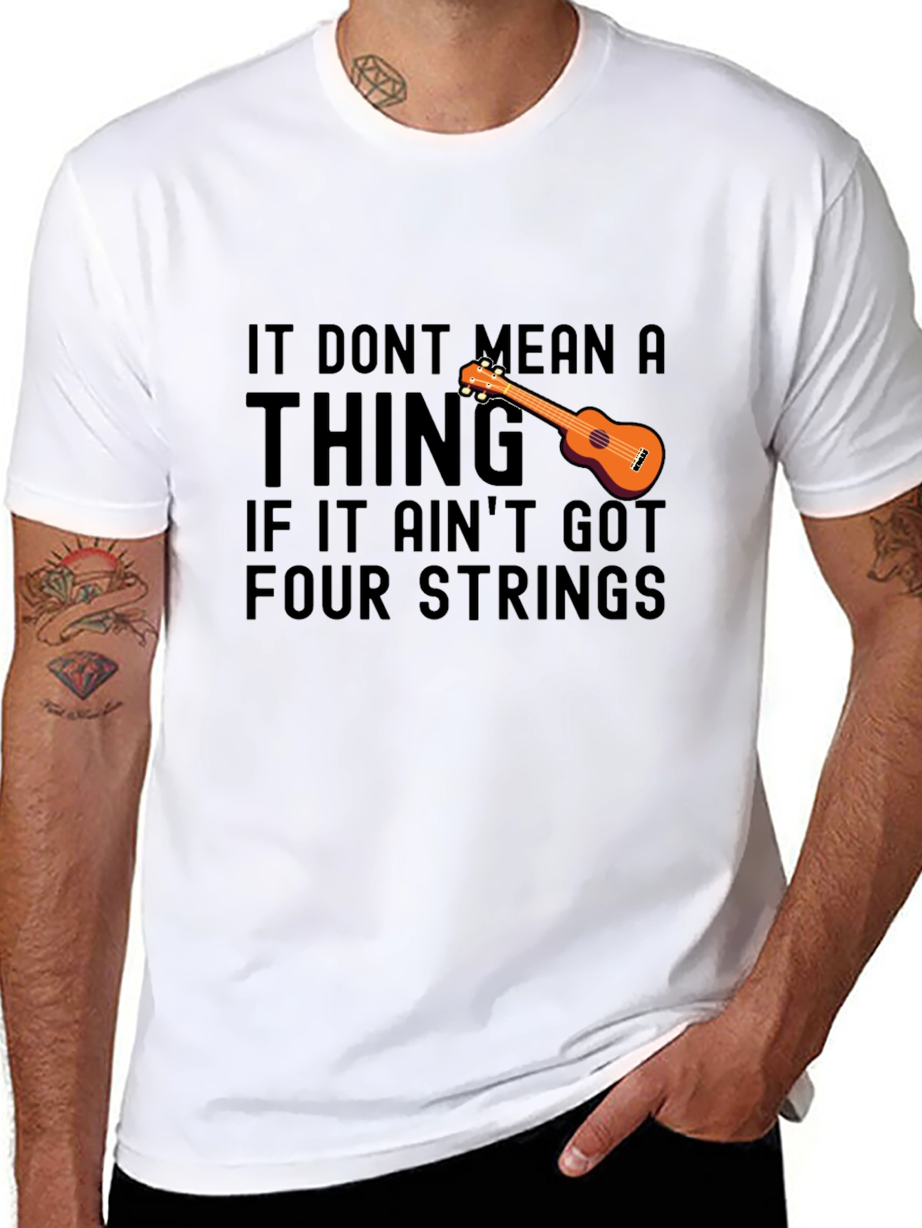 Black Ukulele T-Shirt: It Don't Mean a Thing, Four Strings view 8