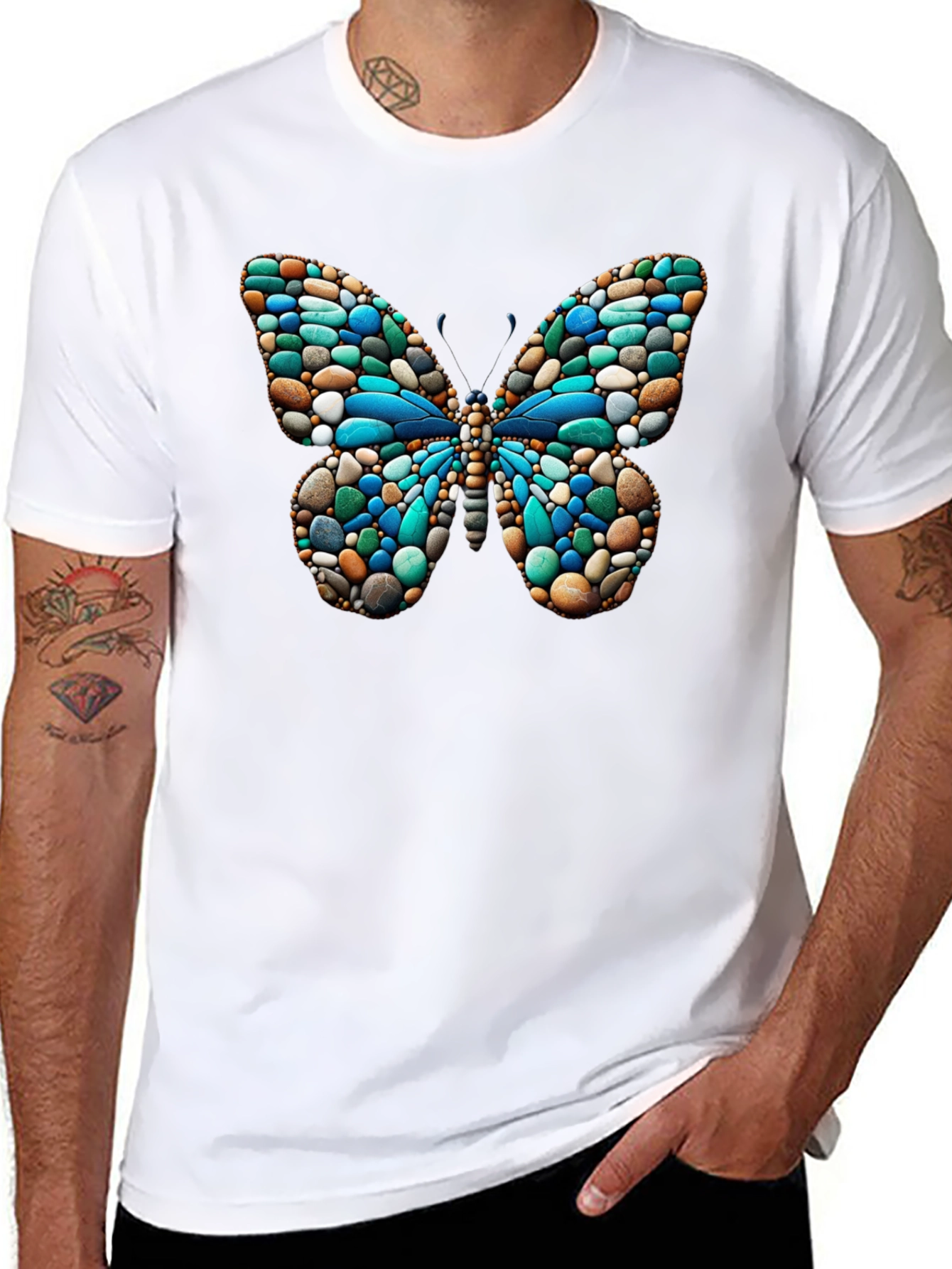 Black Butterfly Stone Pattern Black T-Shirt view 8