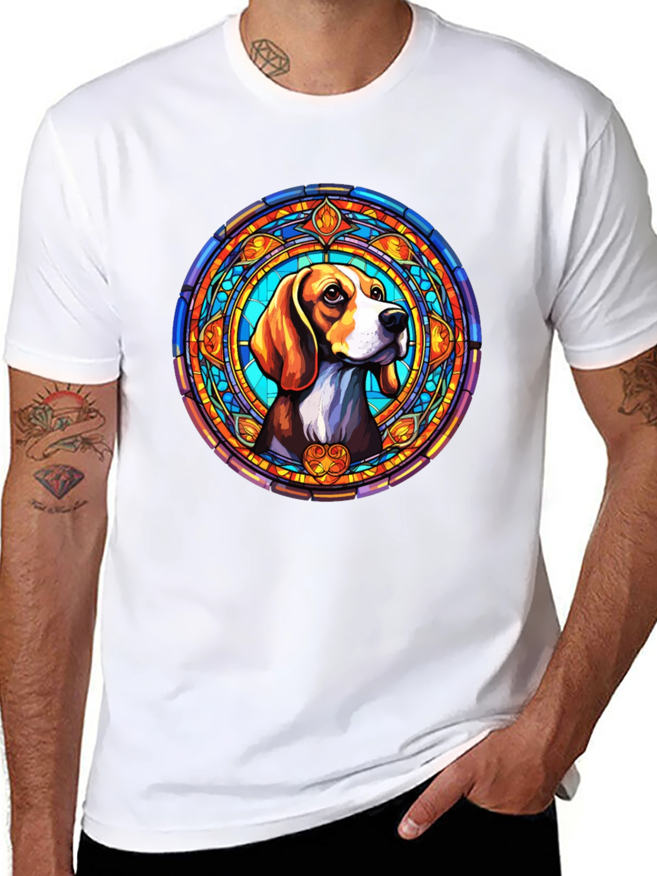 Black Stained Glass Beagle Dog Graphic T-Shirt view 8
