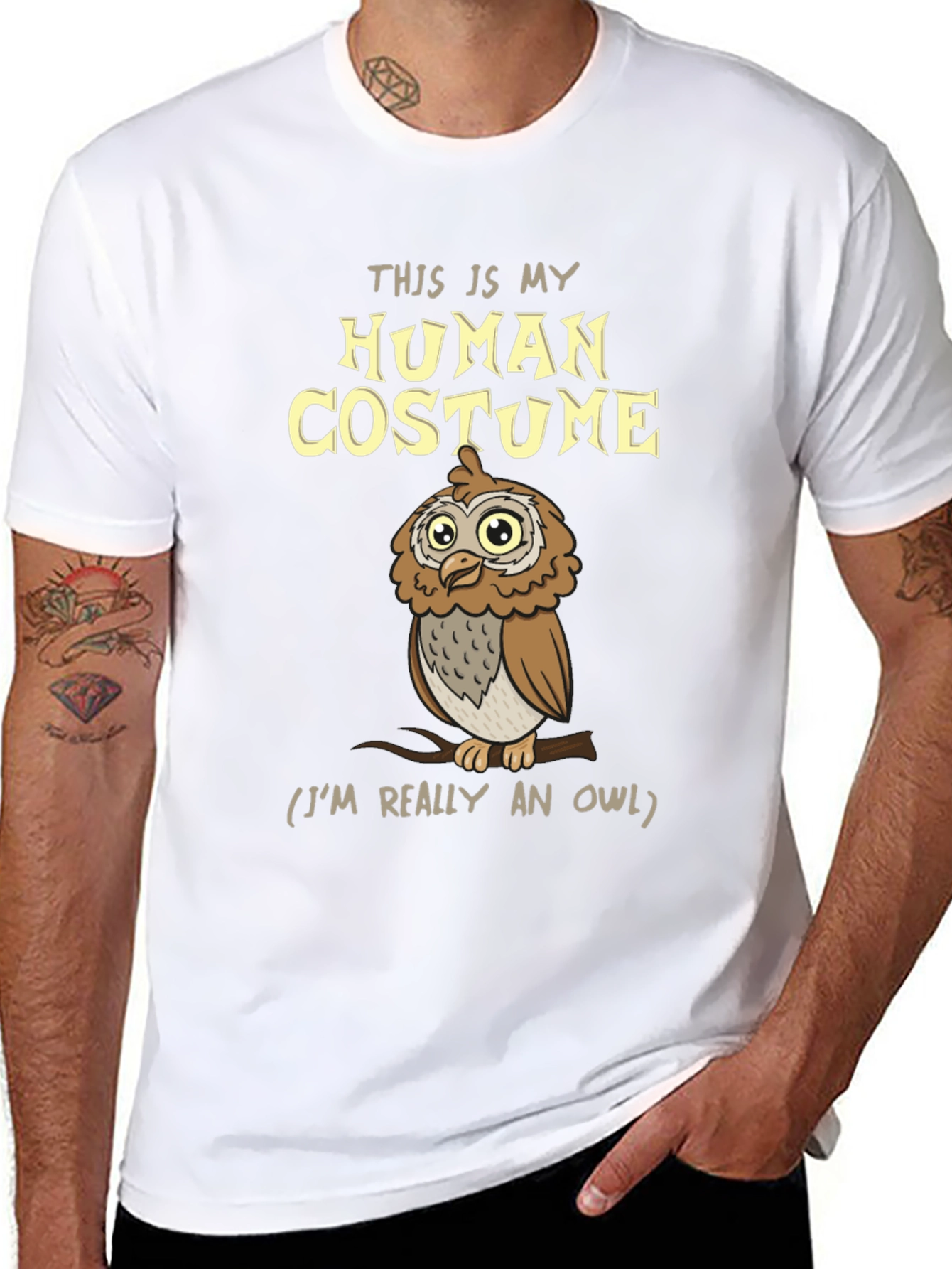 Black Human Costume Owl T-Shirt - Funny Halloween Tee view 8